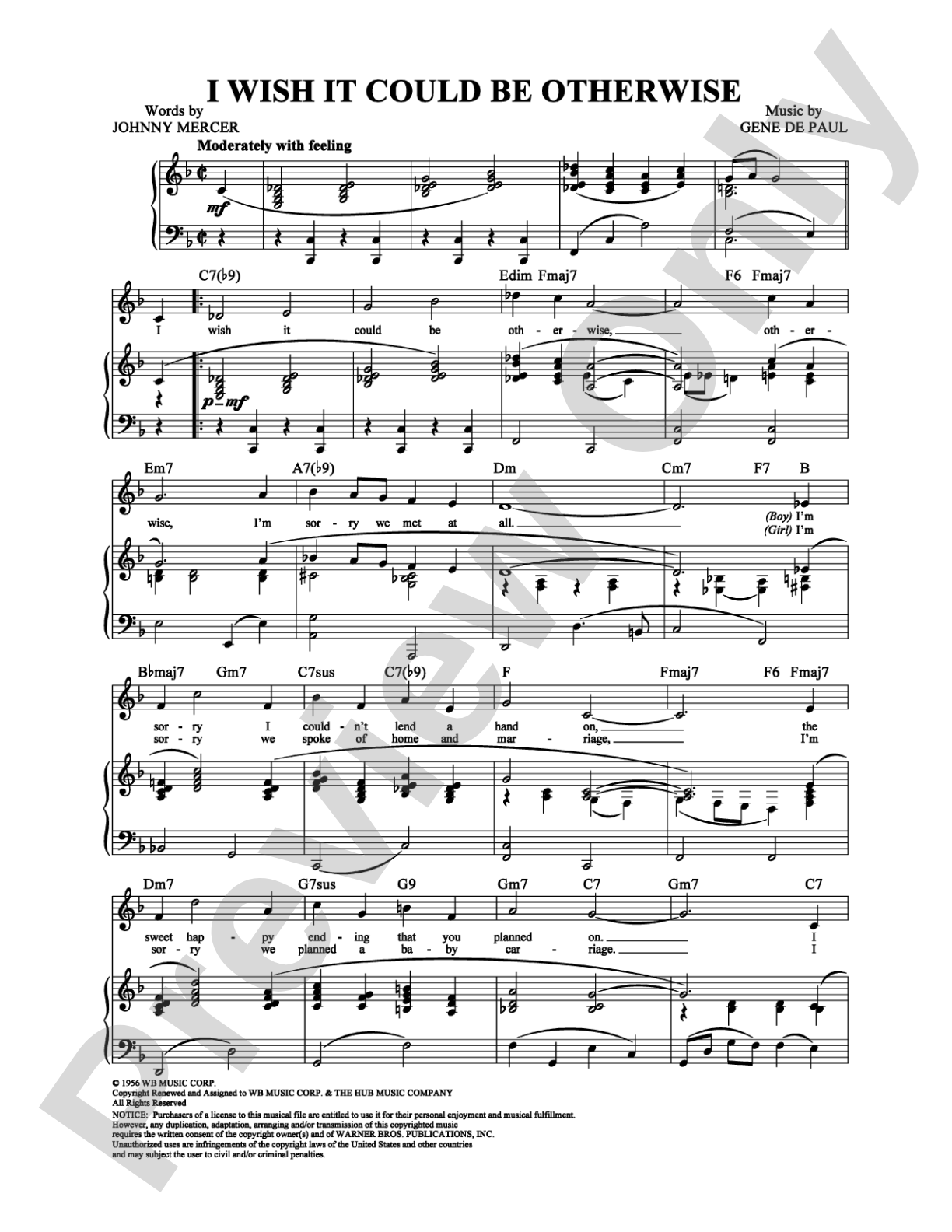 (I Wish it Could Be) Otherwise: Piano/Vocal/Chords Digital Sheet Music