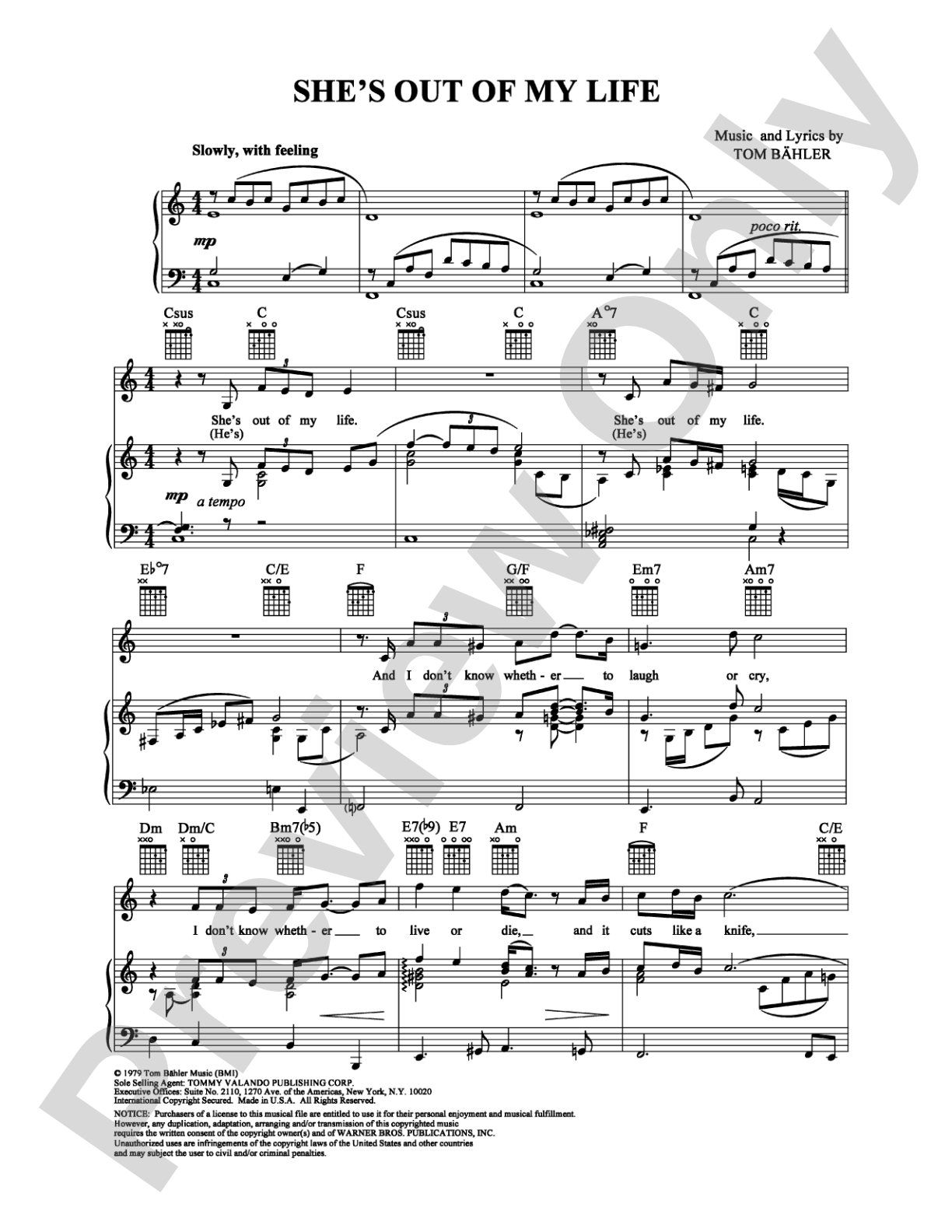 She's Out Of My Life: Piano/Vocal/Chords Digital Sheet Music