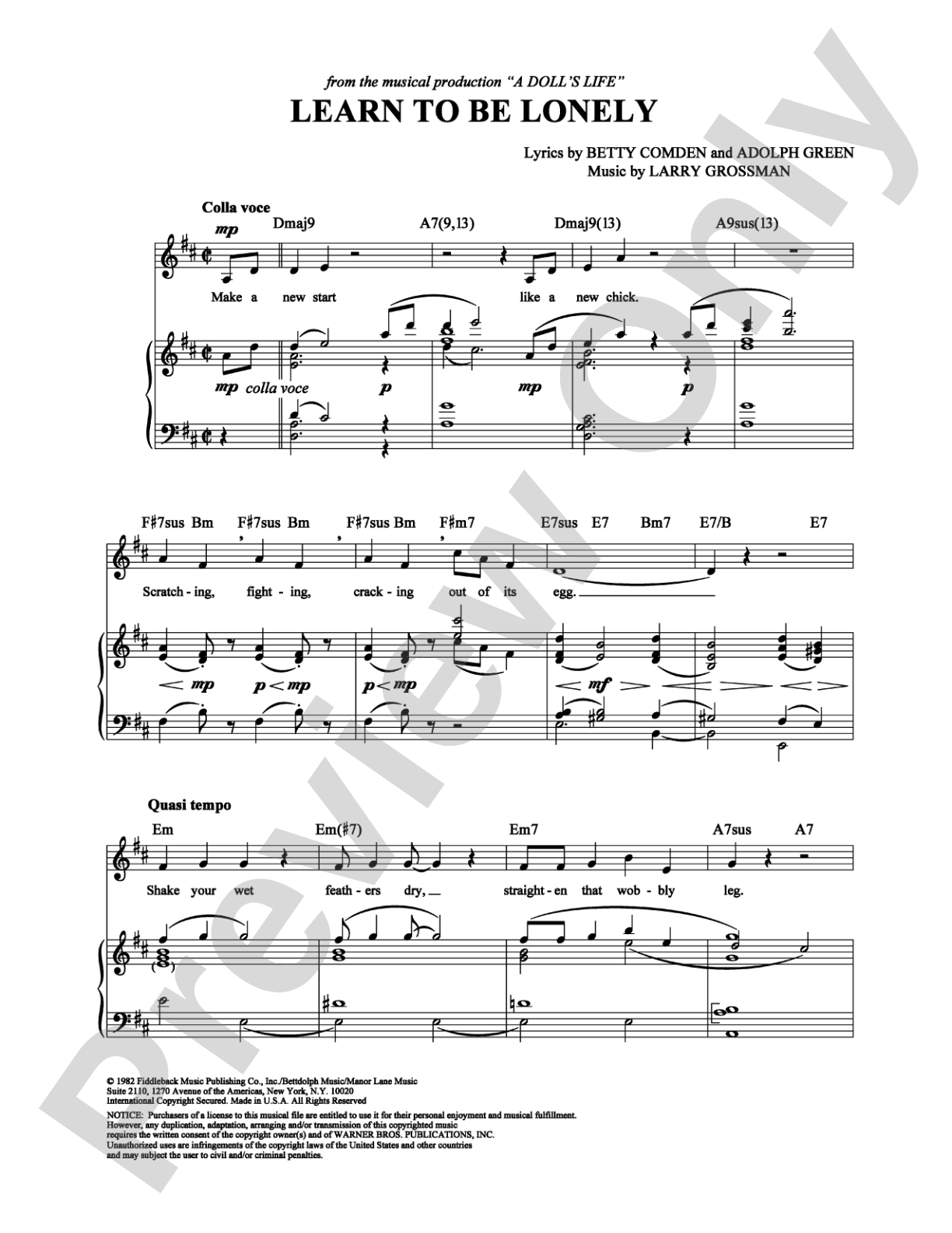 Learn to Be Lonely: Piano/Vocal/Chords Digital Sheet Music