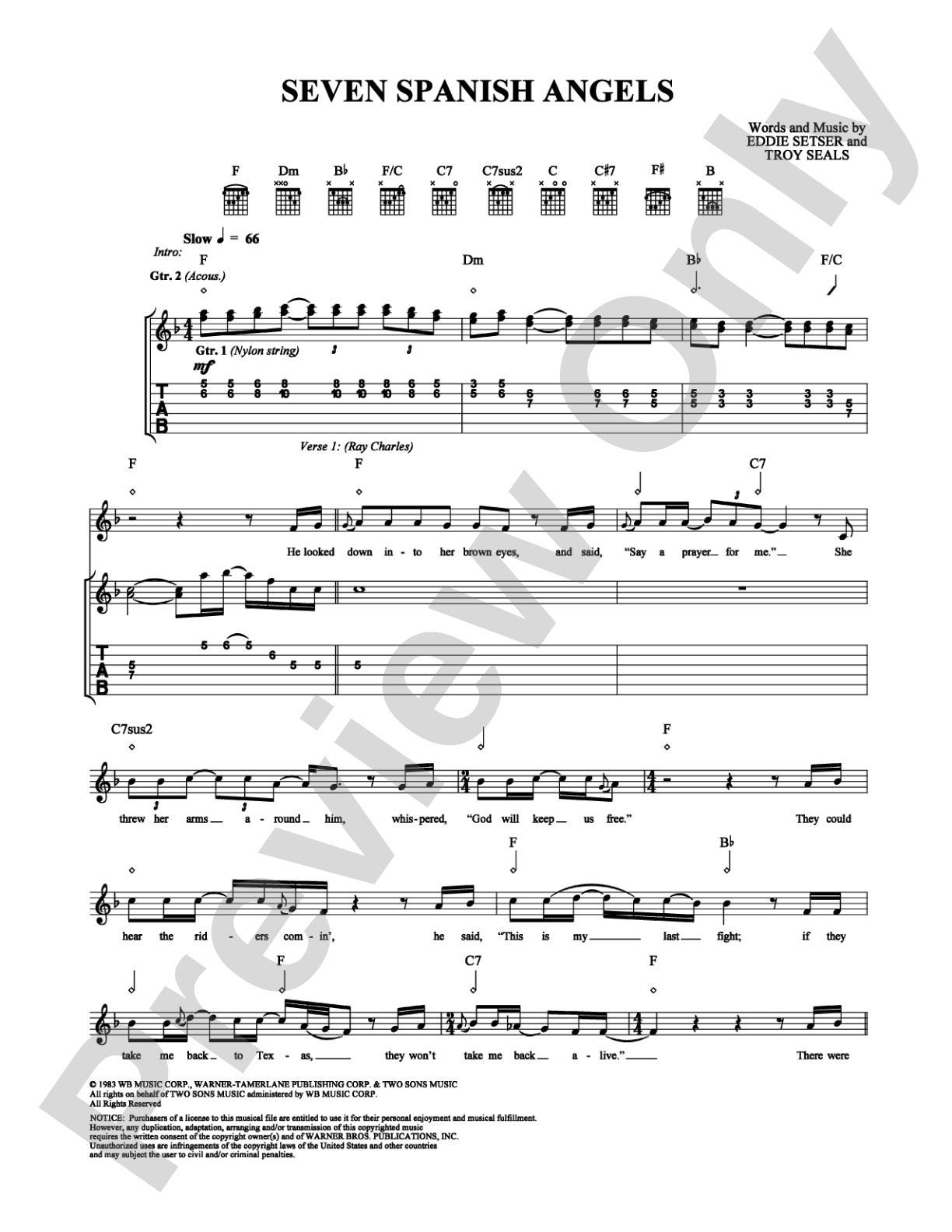 Seven Spanish Angels: Guitar TAB Digital Sheet Music