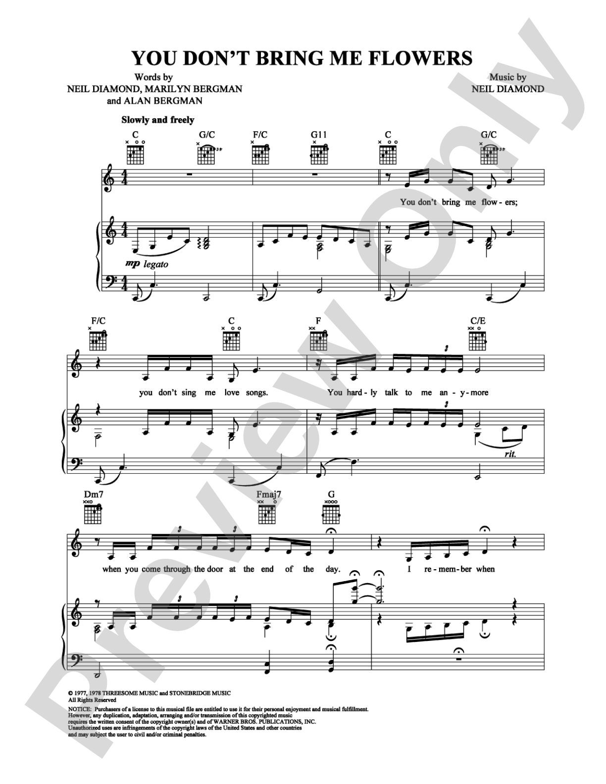 You Don't Bring Me Flowers: Piano/Vocal/Chords Digital Sheet Music