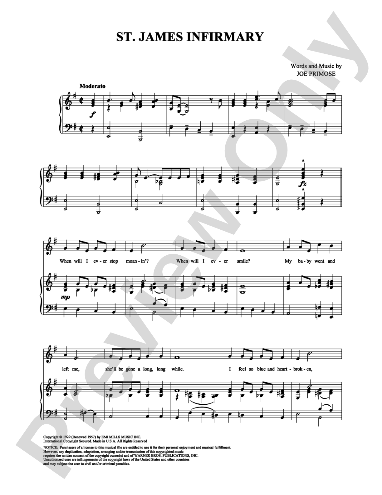 St. James Infirmary: Piano/Vocal/Chords Digital Sheet Music