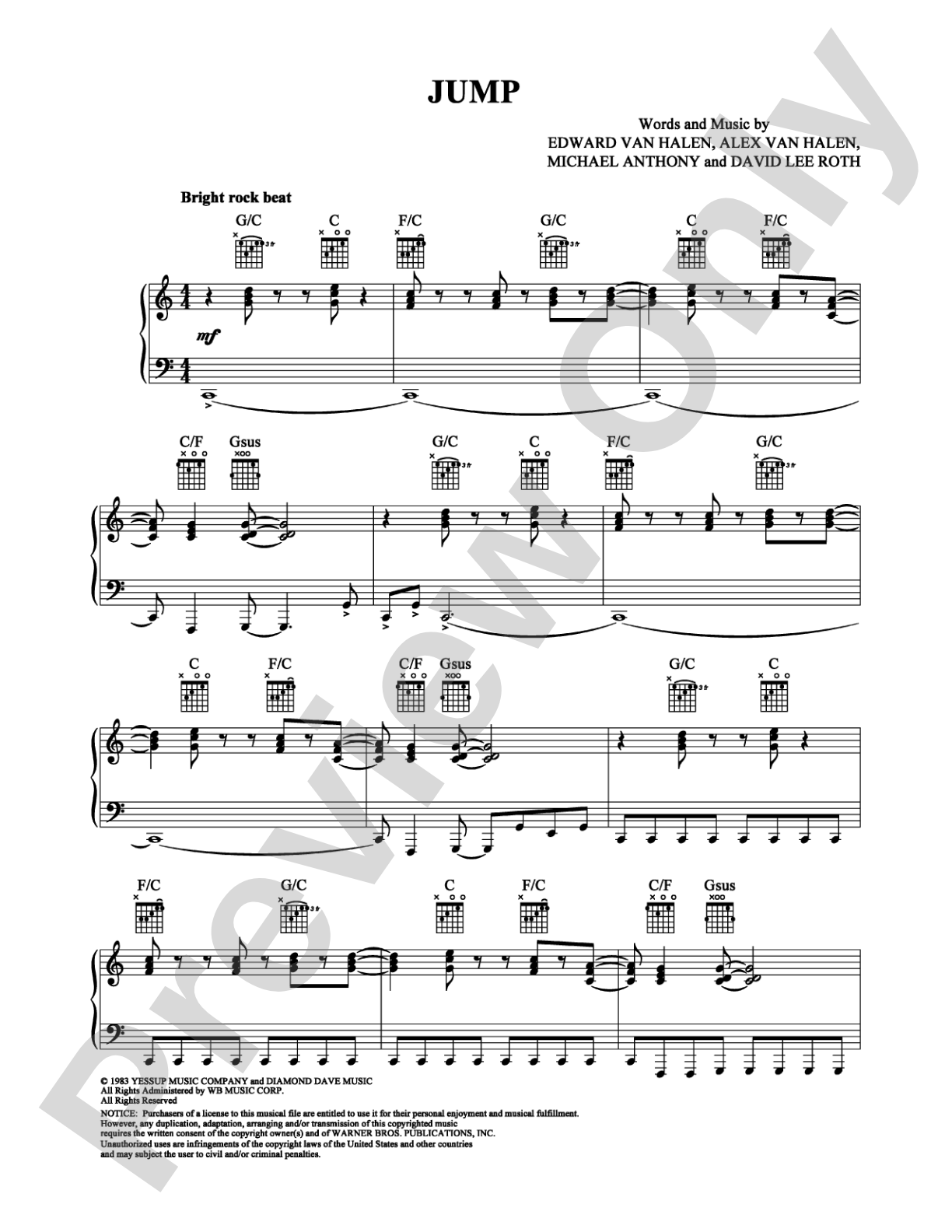 Jump: Piano/Vocal/Chords Digital Sheet Music