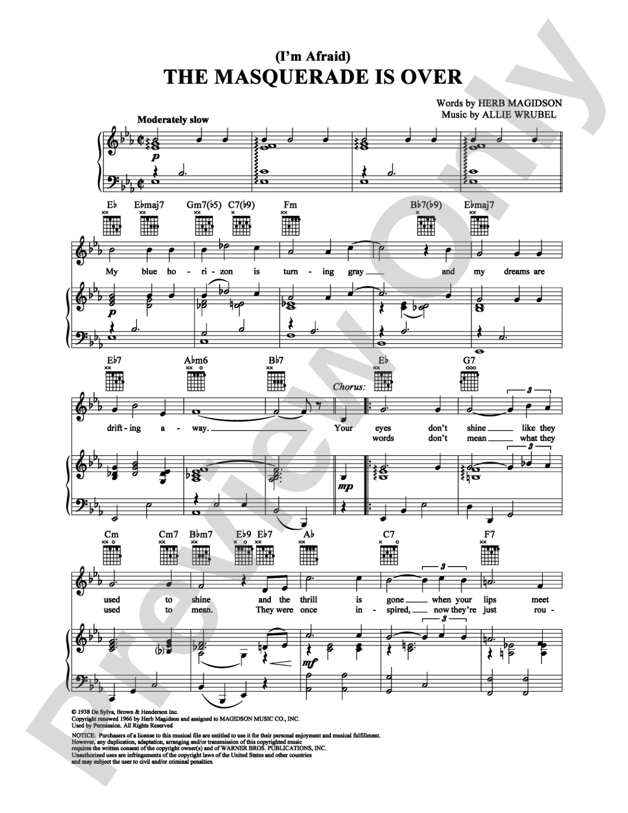 (I'm Afraid) The Masquerade is Over: Piano/Vocal/Chords Digital Sheet Music