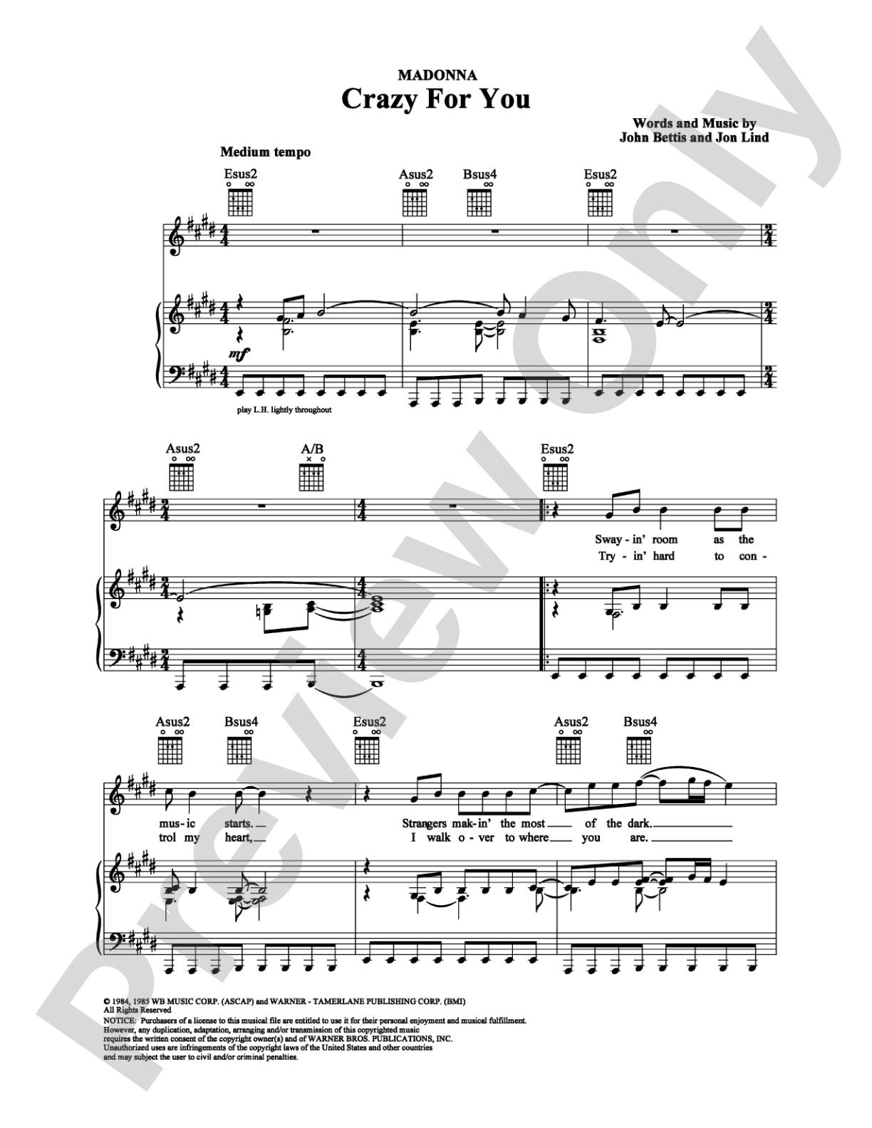 Crazy For You: Piano/Vocal/Chords Digital Sheet Music