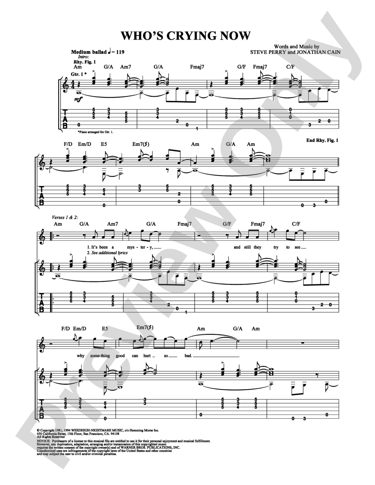 Who's Crying Now: Guitar TAB Digital Sheet Music