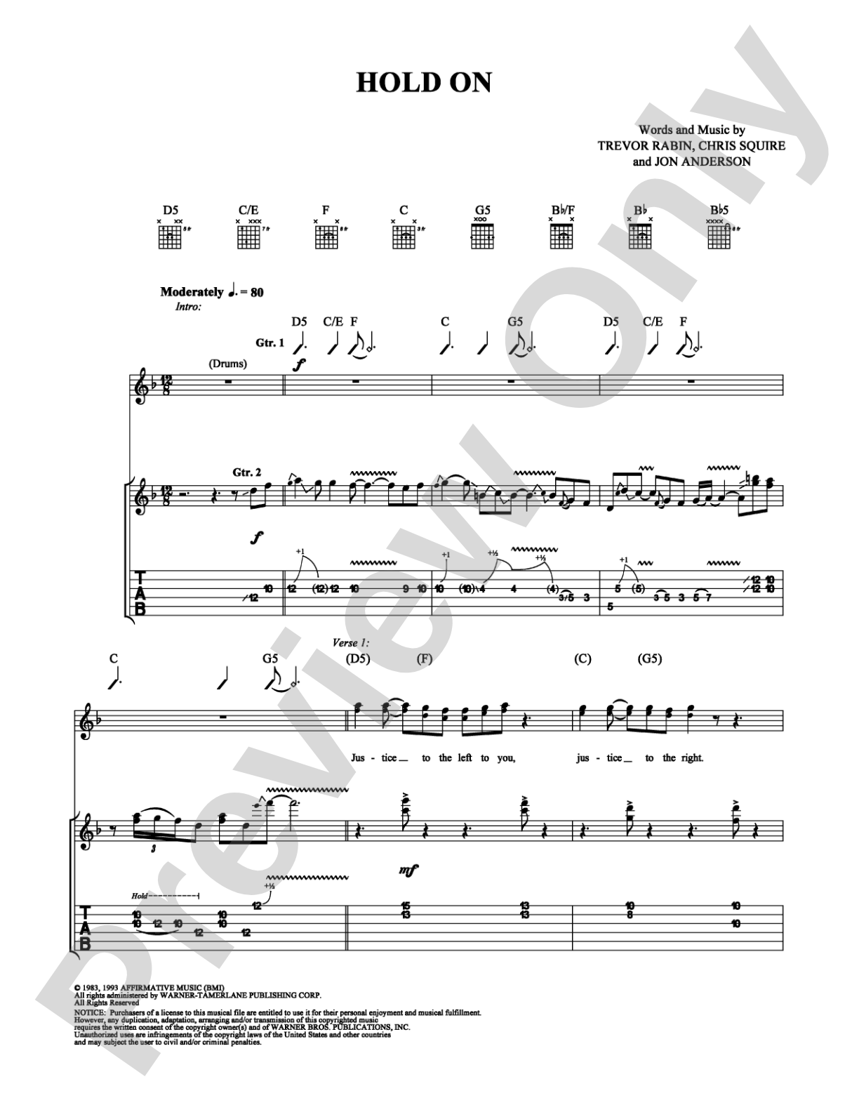 Hold On: Guitar TAB Digital Sheet Music