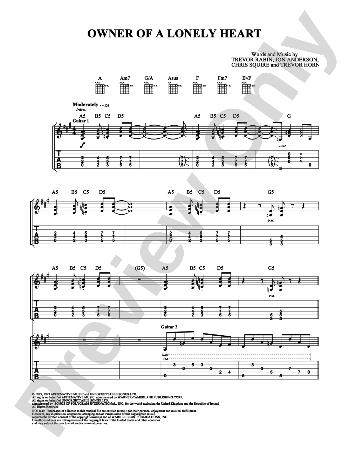Owner of a Lonely Heart: Guitar TAB Digital Sheet Music