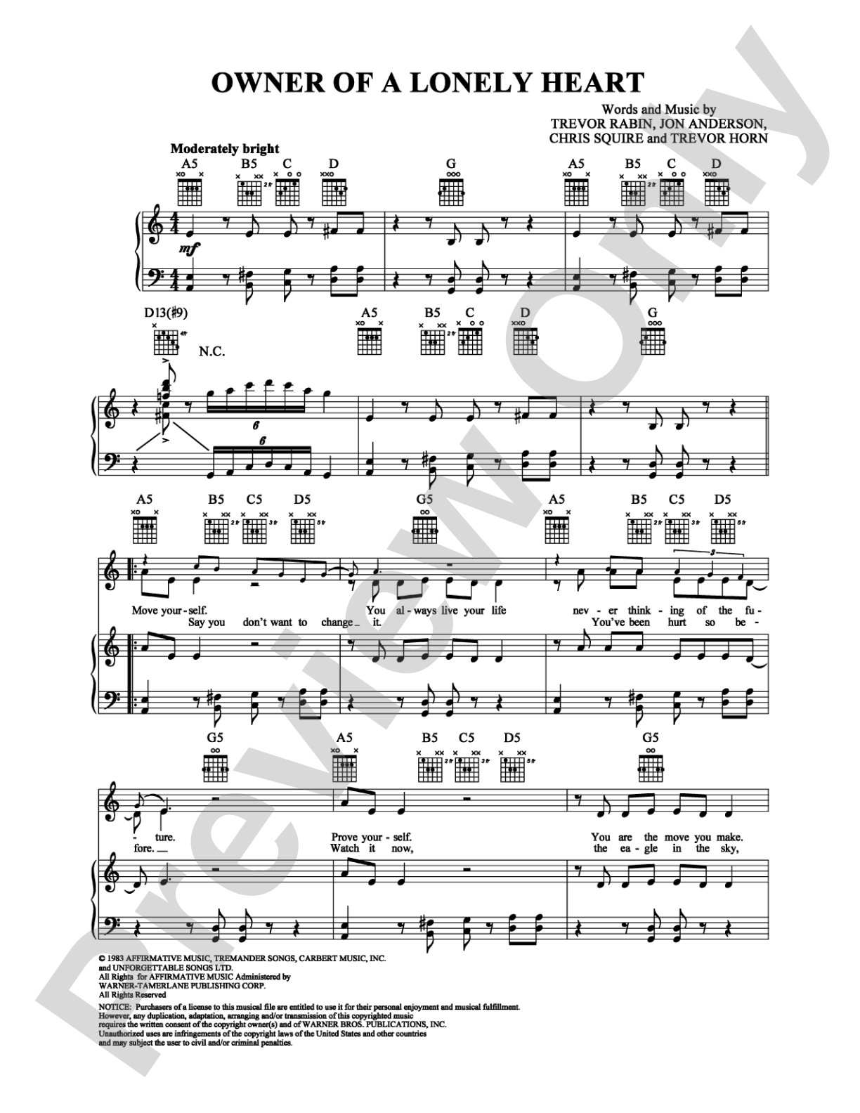 Owner of a Lonely Heart: Piano/Vocal/Chords Digital Sheet Music