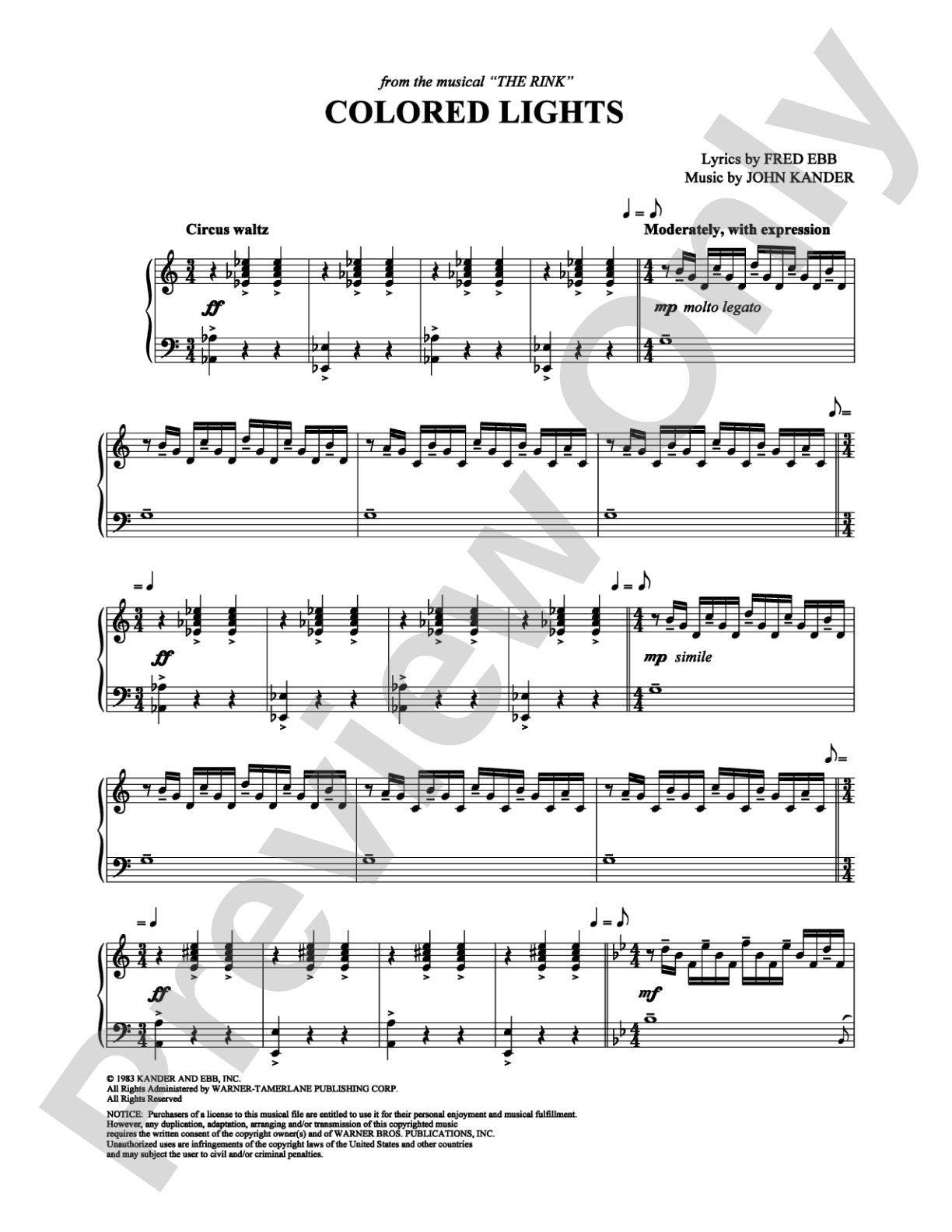 Colored Lights: Piano/Vocal/Chords Digital Sheet Music