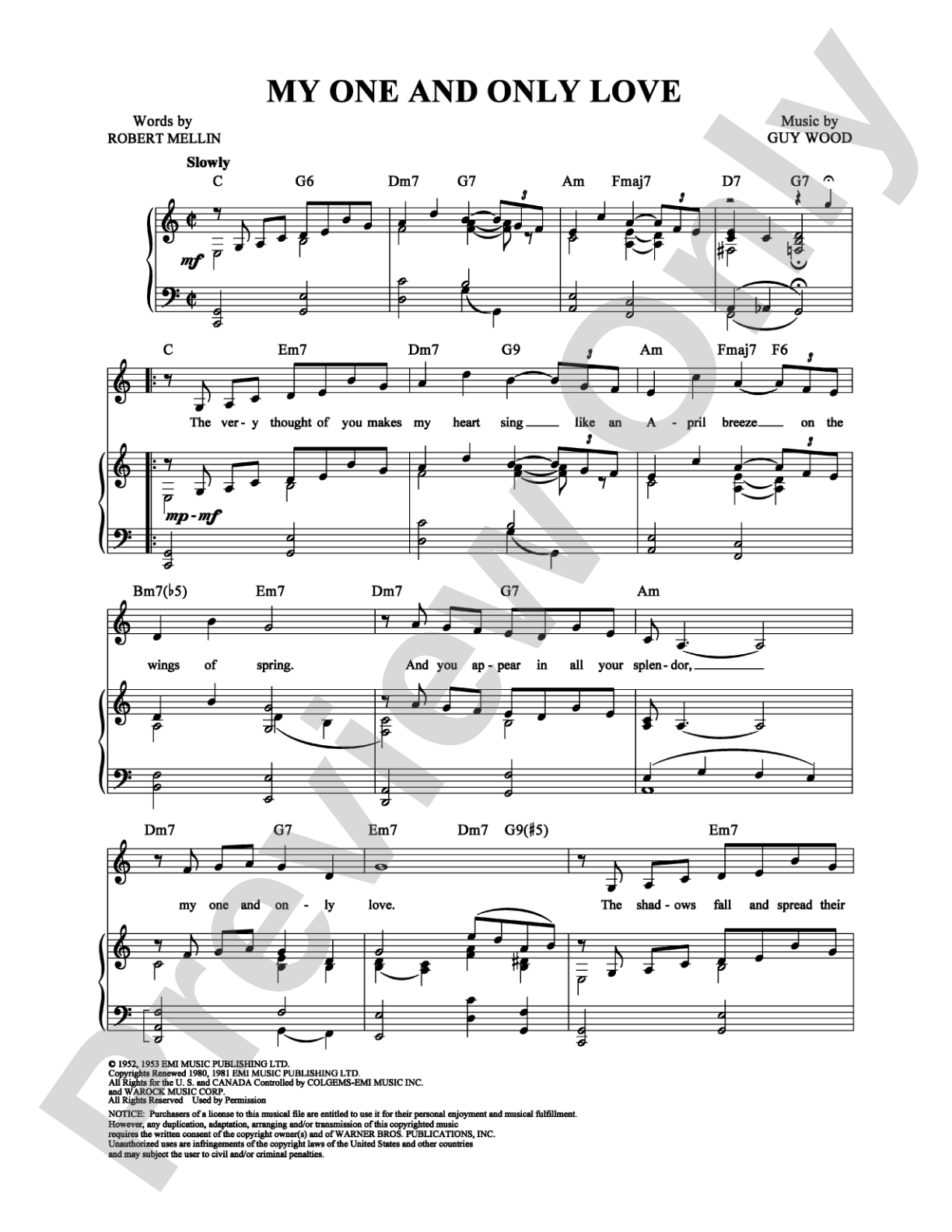 My One and Only Love: Piano/Vocal/Chords Digital Sheet Music