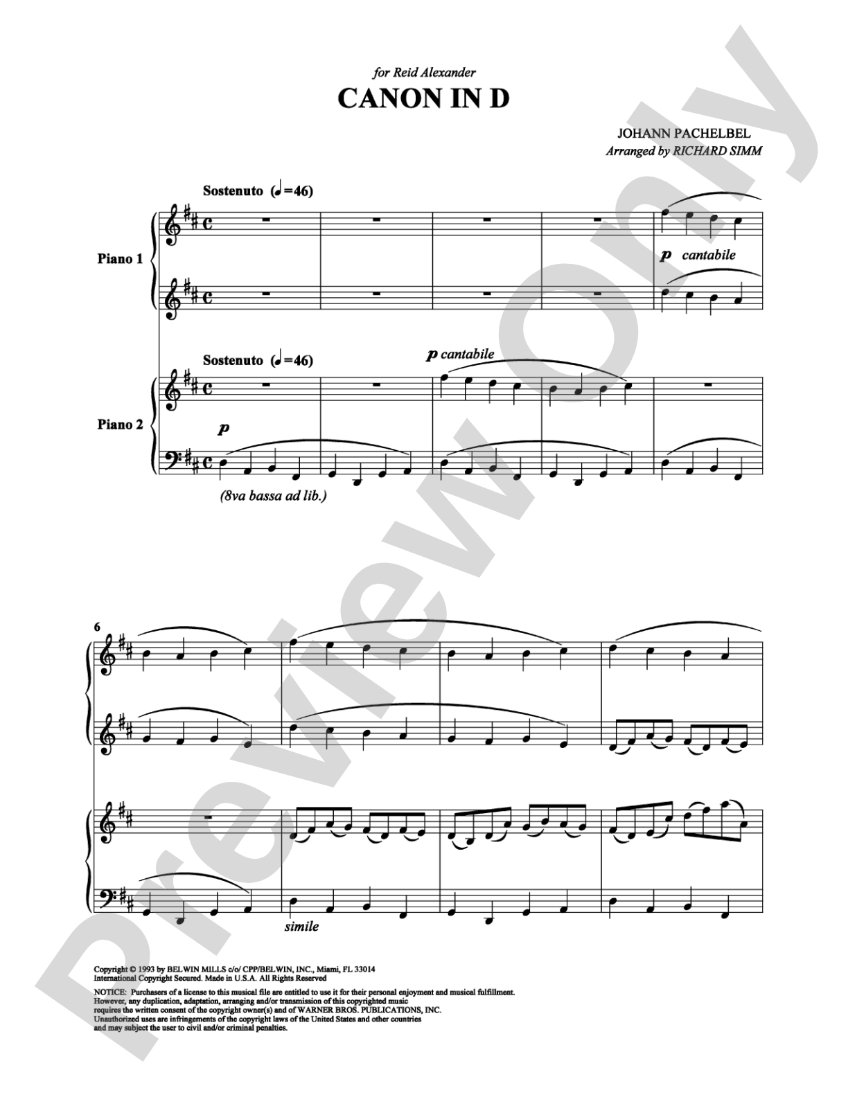Canon in D: Piano Duets & Four Hands Digital Sheet Music