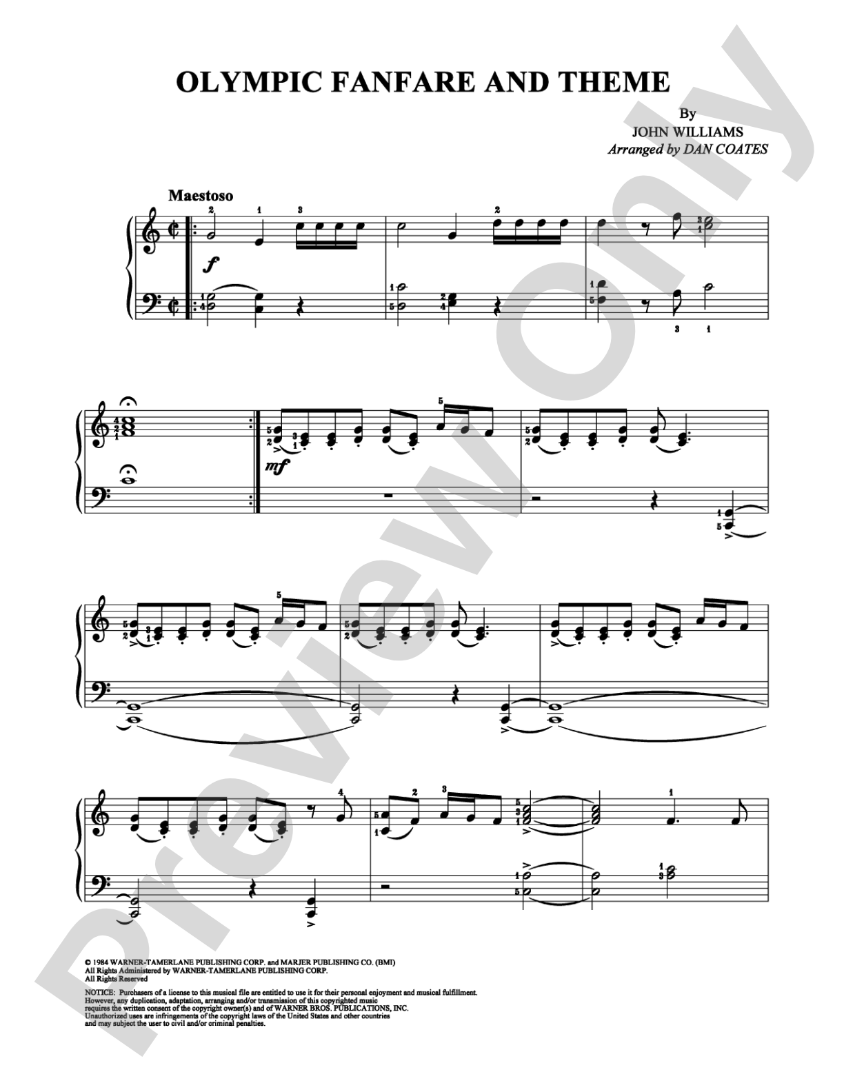 Olympic Fanfare and Theme: Easy Piano Digital Sheet Music