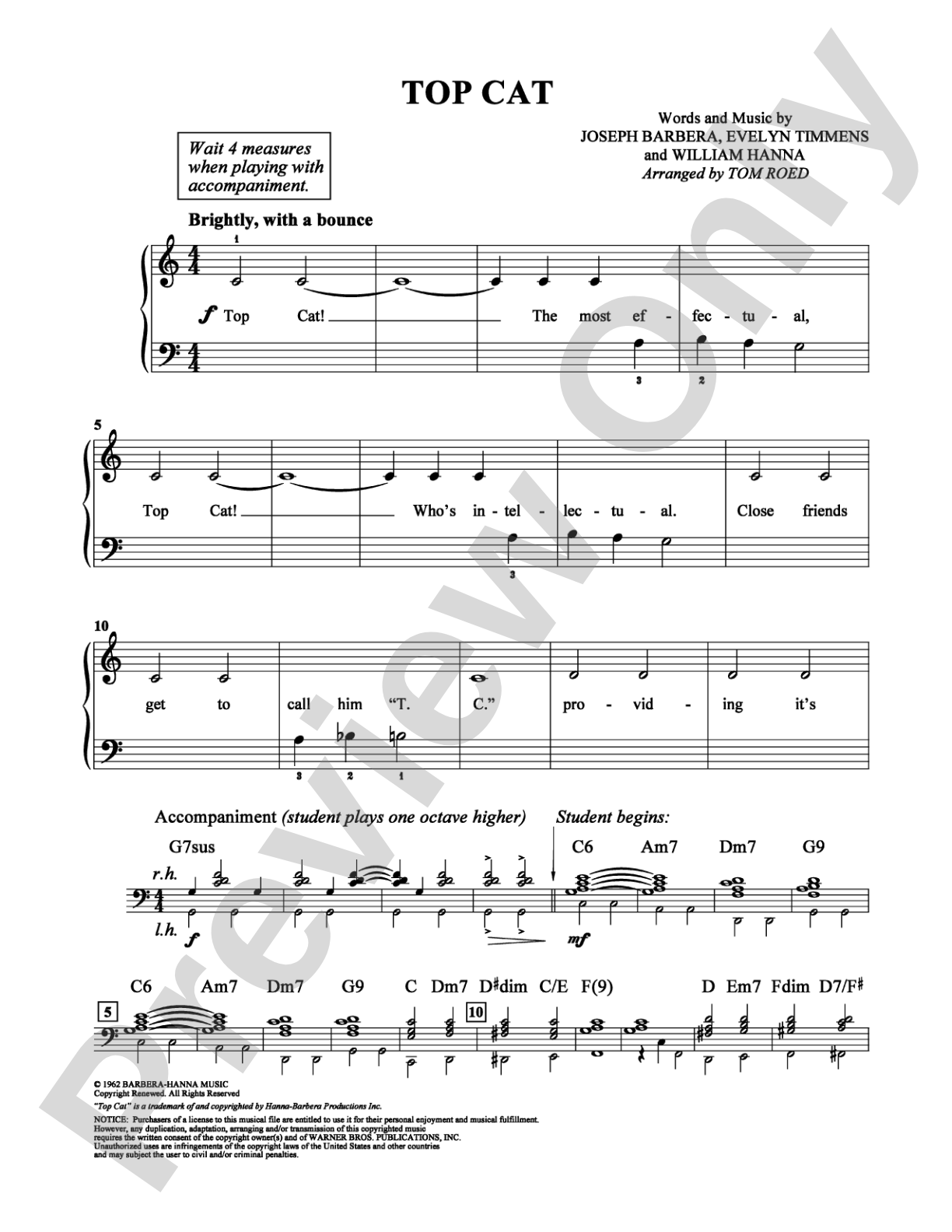 Top Cat: Easy Piano Digital Sheet Music