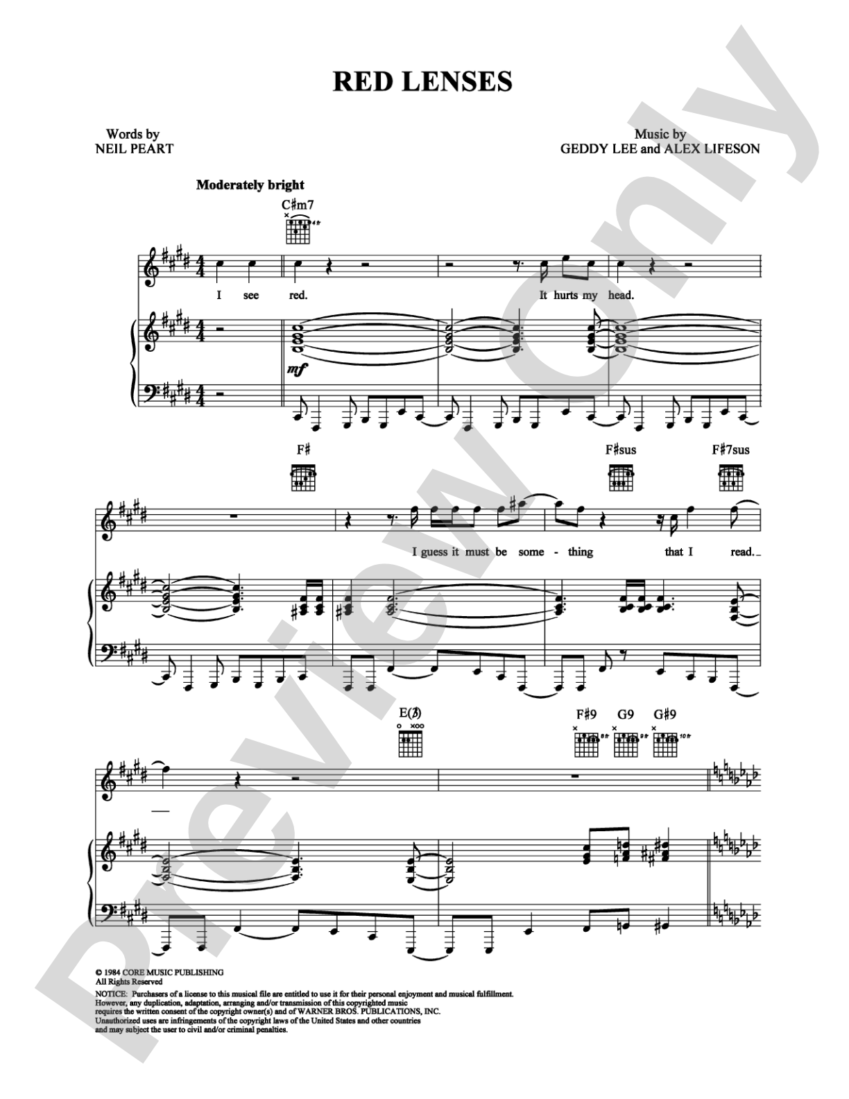 Red Lenses: Piano/Vocal/Chords Digital Sheet Music