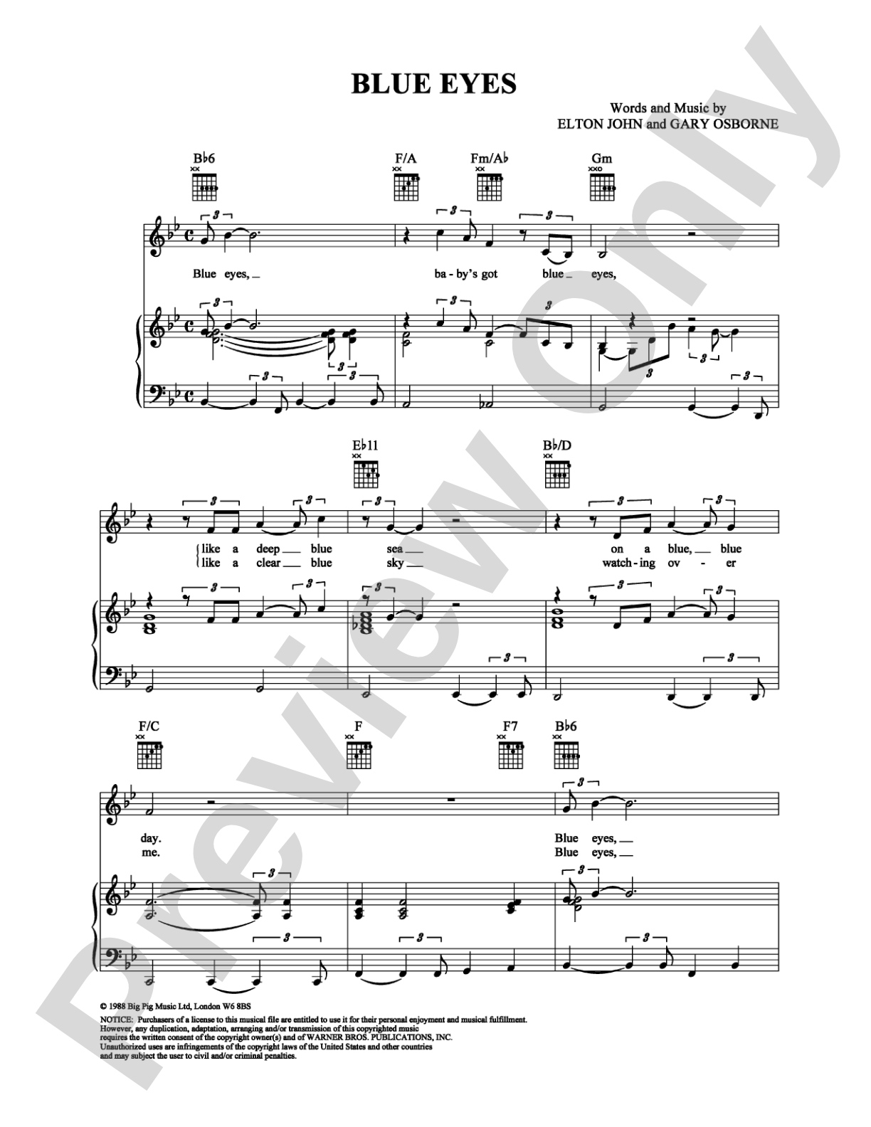 Blue Eyes: Piano/Vocal/Chords Digital Sheet Music