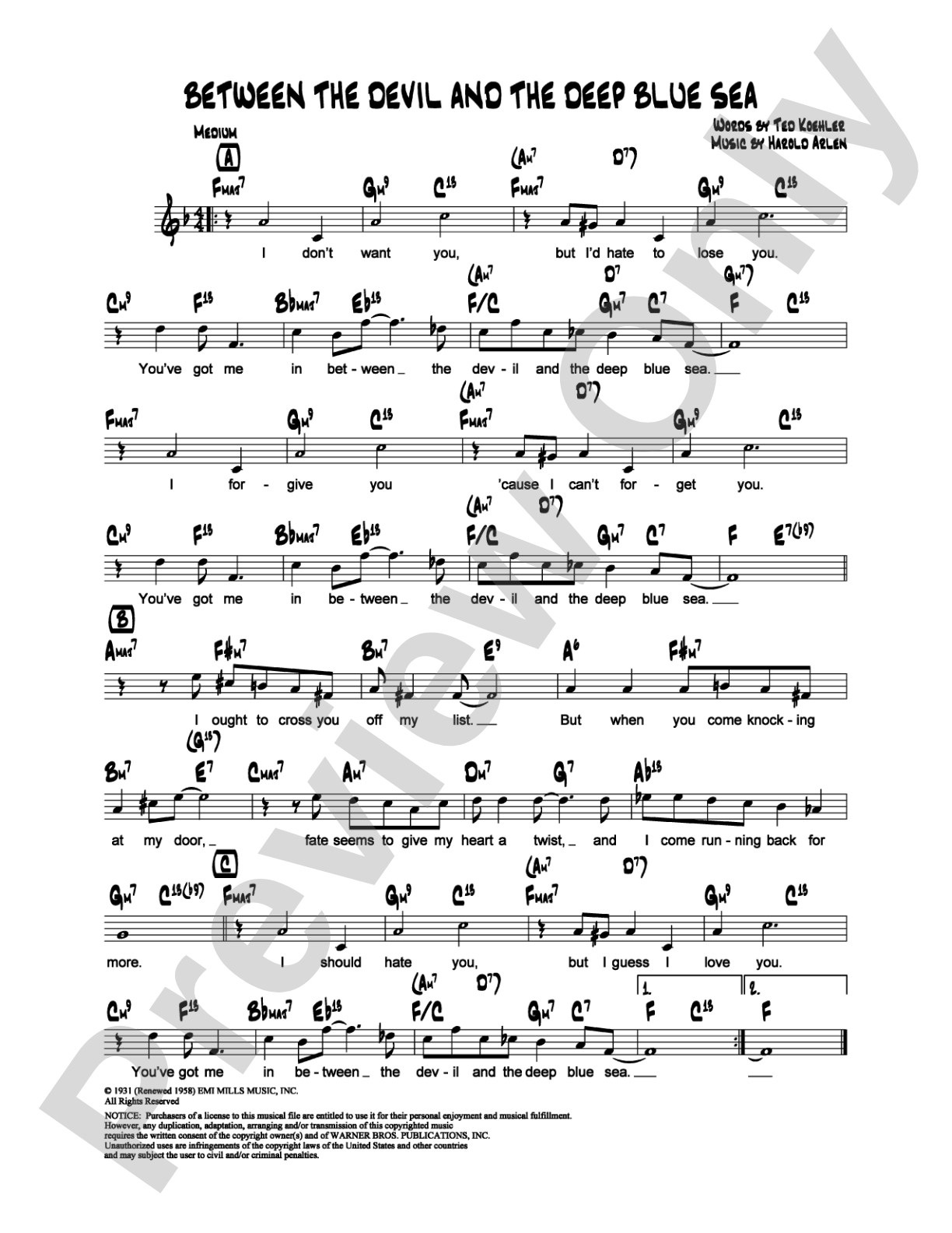 Between the Devil and the Deep Blue Sea: Lead Sheet Digital Sheet Music
