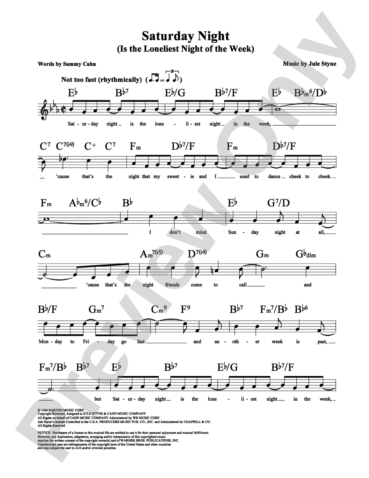 Saturday Night (Is the Loneliest Night of the Week): Lead Sheet Digital Sheet Music