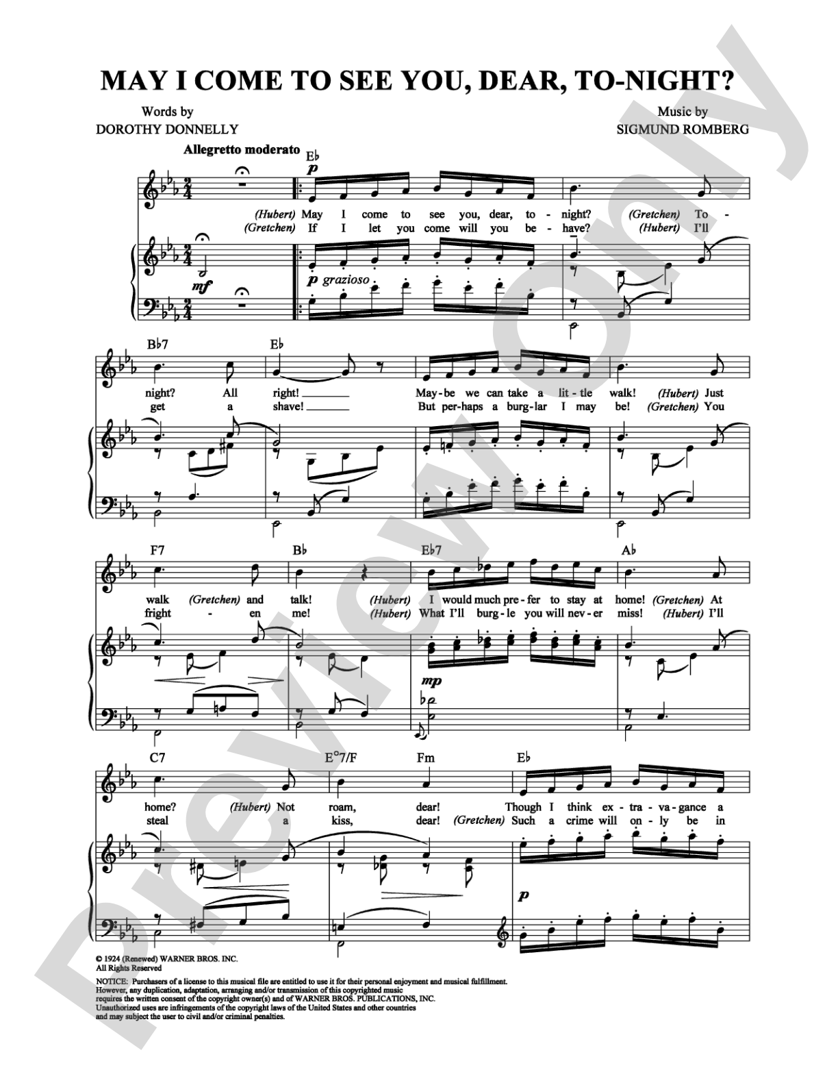 May I Come to See You, Dear, To-night?: Piano/Vocal/Chords Digital Sheet Music