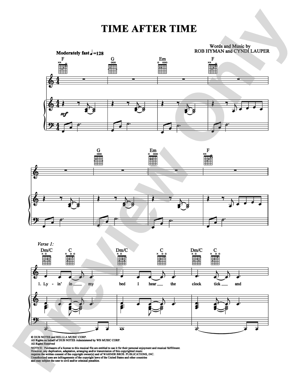 Time After Time: Piano/Vocal/Chords Digital Sheet Music