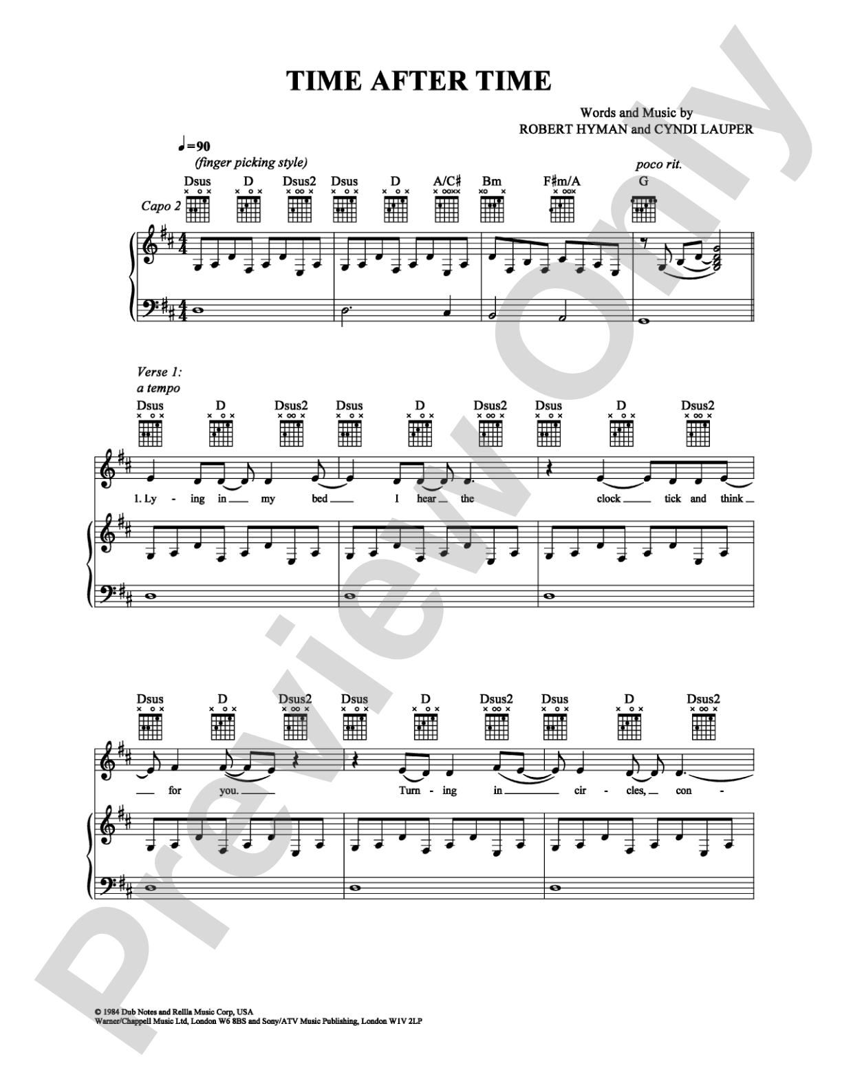 Time After Time: Piano/Vocal/Chords Digital Sheet Music