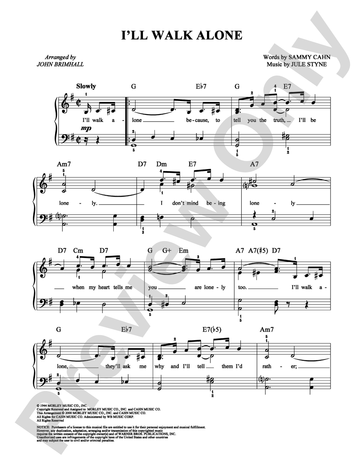 I'll Walk Alone: Easy Piano Digital Sheet Music