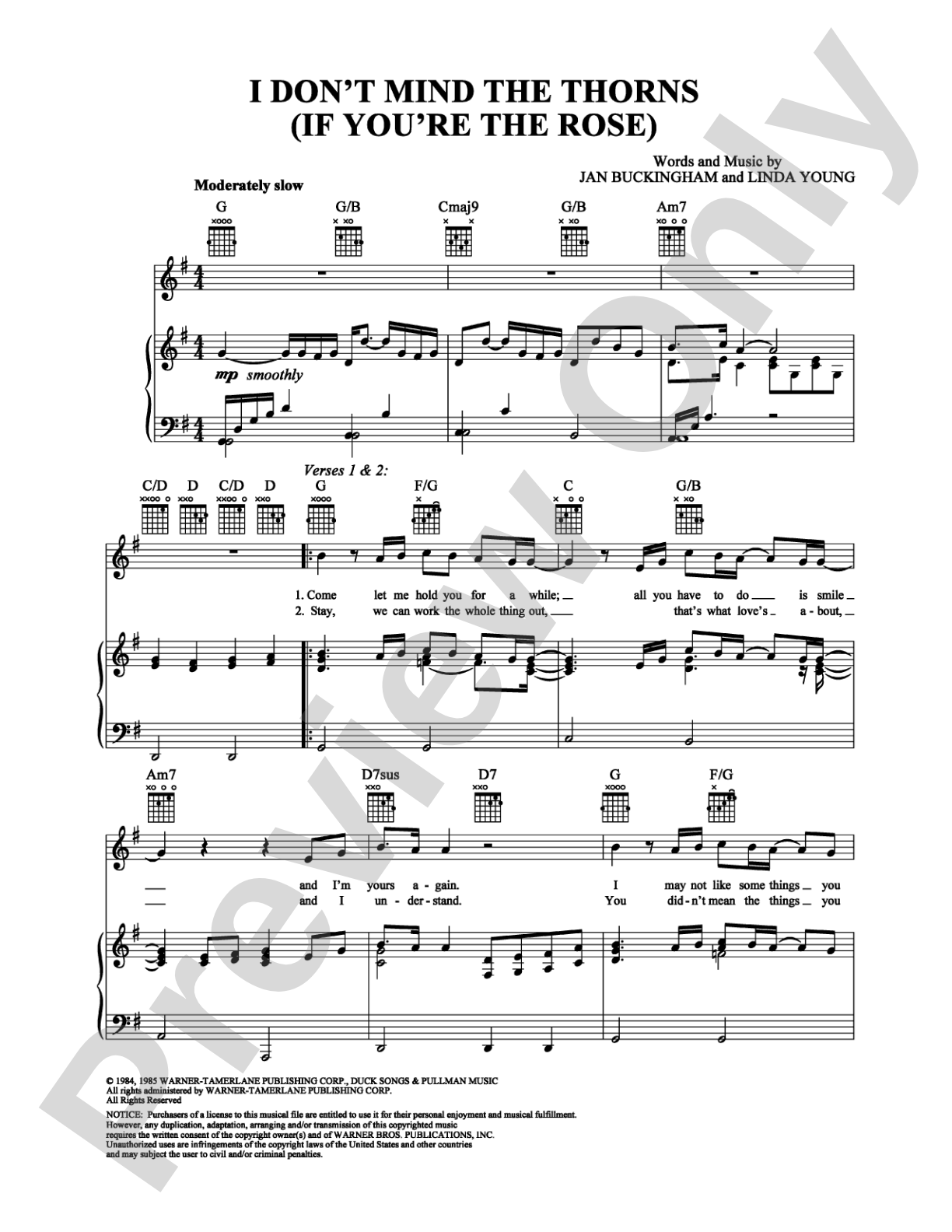 I Don't Mind the Thorns (If You're the Rose): Piano/Vocal/Chords Digital Sheet Music
