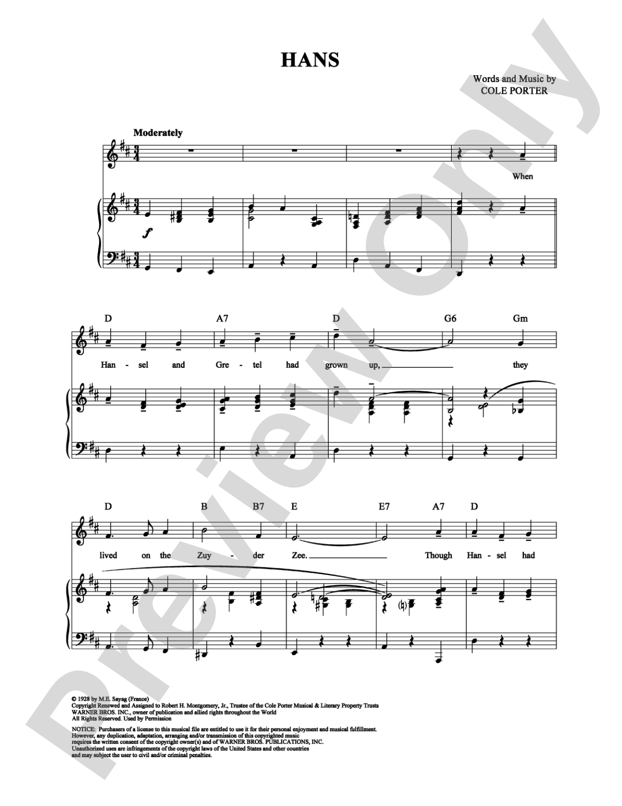Hans: Piano/Vocal/Chords Digital Sheet Music
