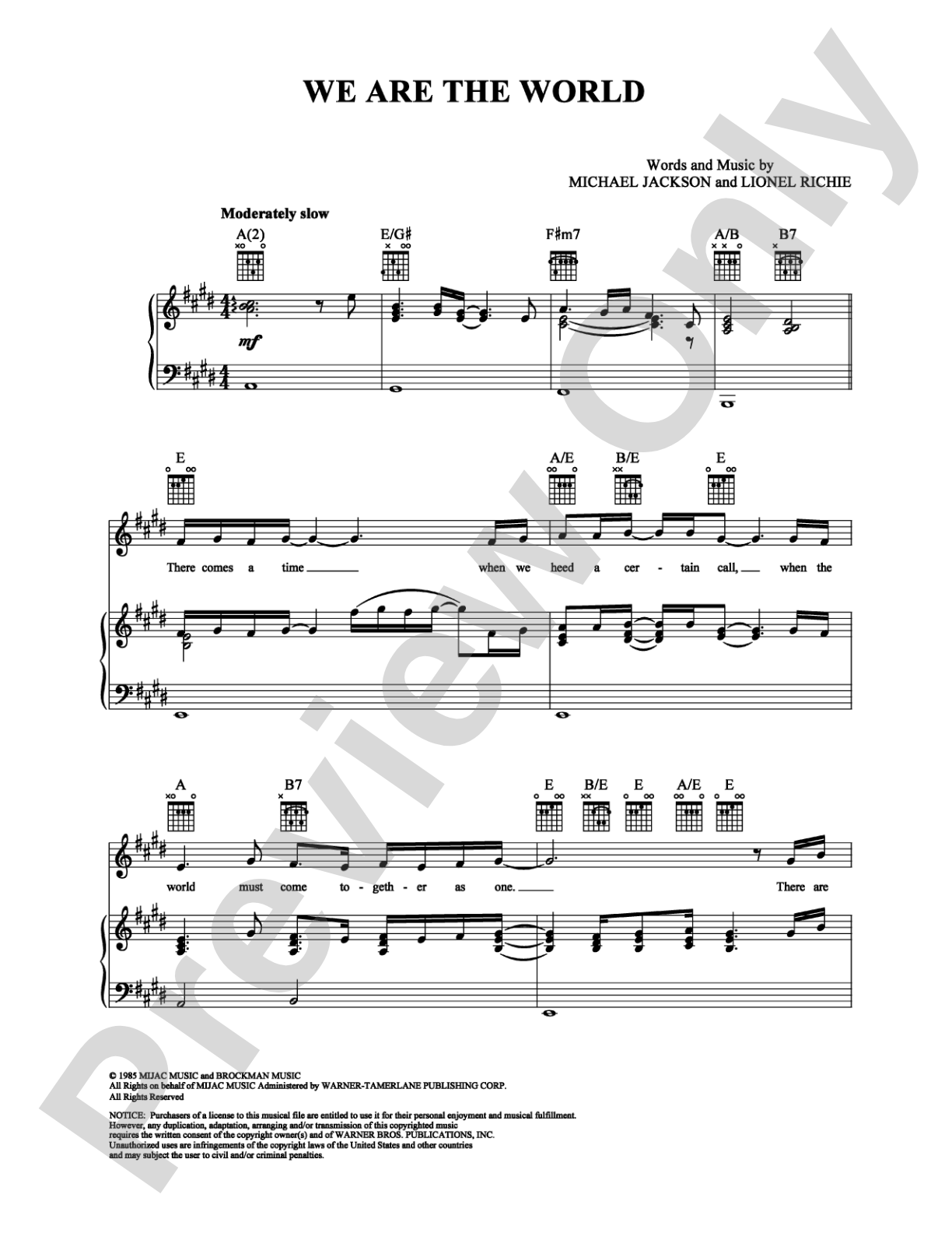 We Are the World: Piano/Vocal/Chords Digital Sheet Music