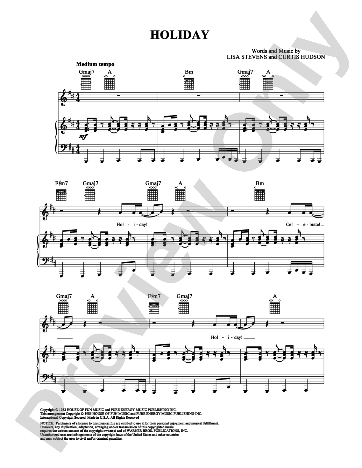 Holiday: Piano/Vocal/Chords Digital Sheet Music