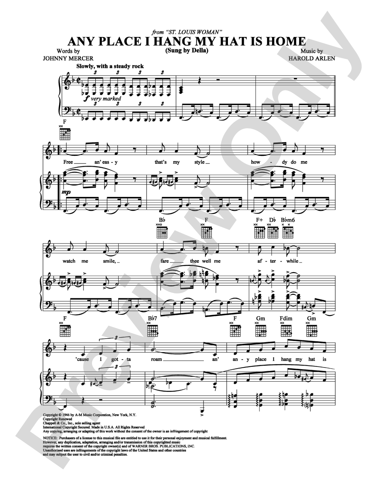 Any Place I Hang My Hat Is Home: Piano/Vocal/Chords Digital Sheet Music