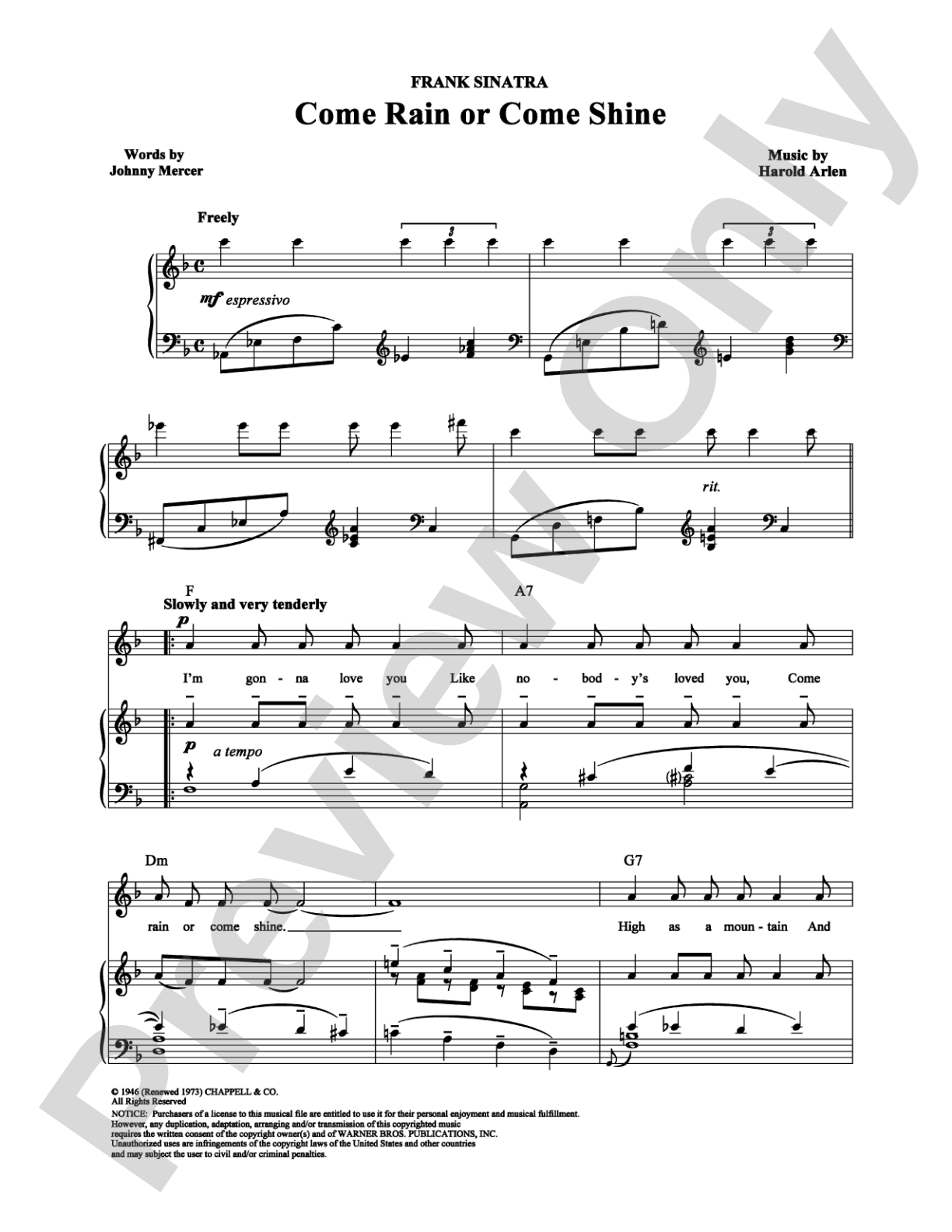 Come Rain or Come Shine: Piano/Vocal/Chords Digital Sheet Music