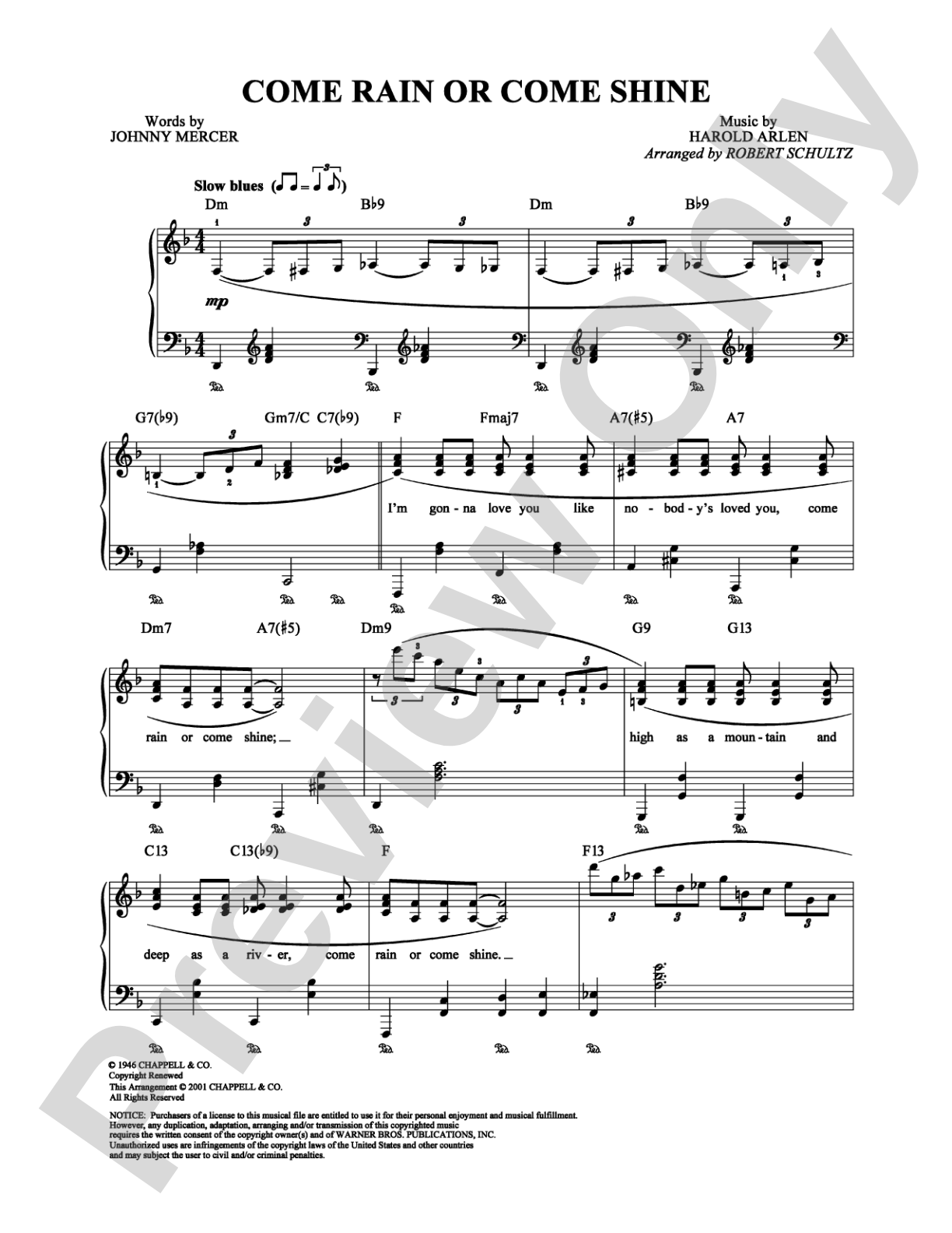 Come Rain or Come Shine: Piano/Vocal/Chords Digital Sheet Music
