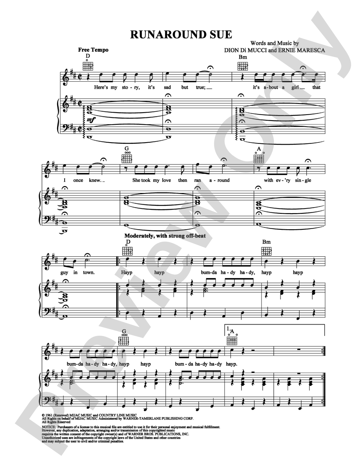 Runaround Sue: Piano/Vocal/Chords Digital Sheet Music