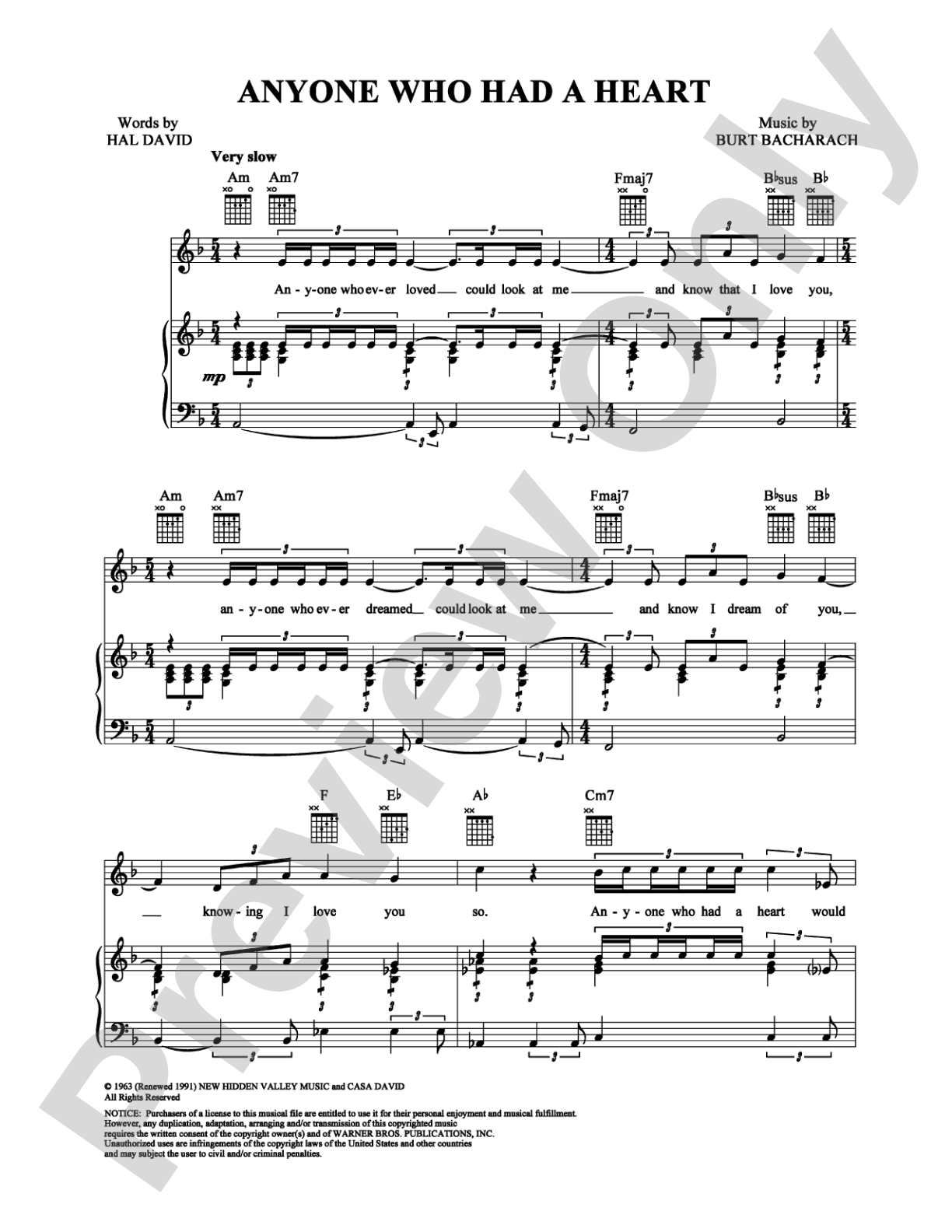 Anyone Who Had a Heart: Piano/Vocal/Chords Digital Sheet Music