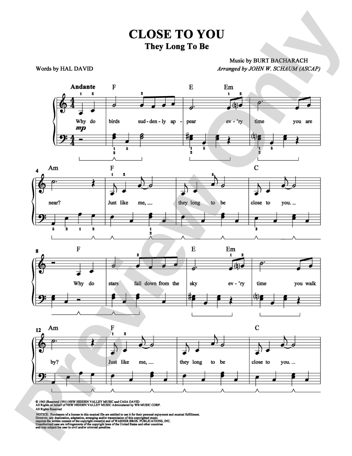 Close to You: Easy Piano Digital Sheet Music