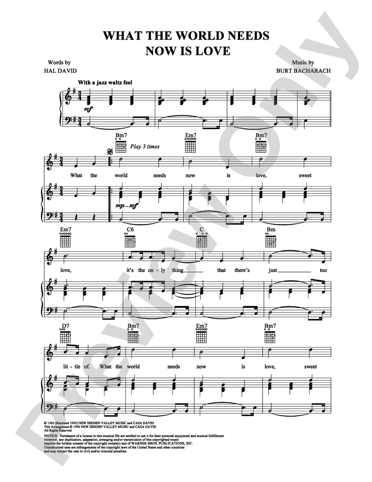 What the World Needs Now is Love: Piano/Vocal/Chords Digital Sheet Music