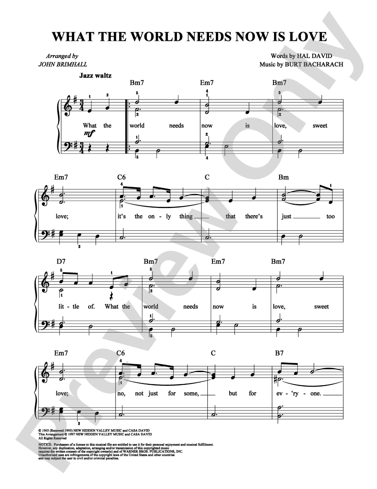 What the World Needs Now is Love: Easy Piano Digital Sheet Music
