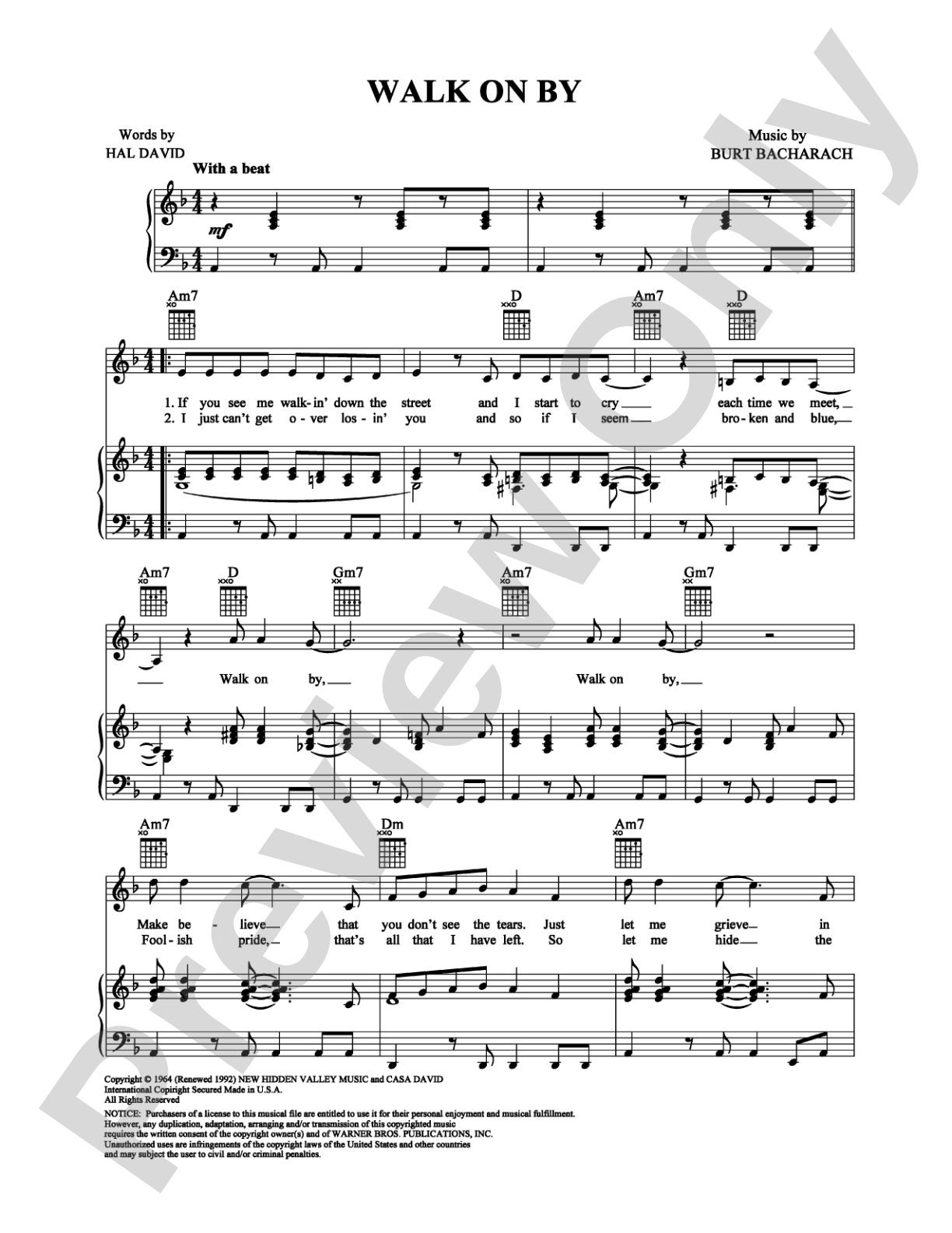 Walk On By: Piano/Vocal/Chords Digital Sheet Music
