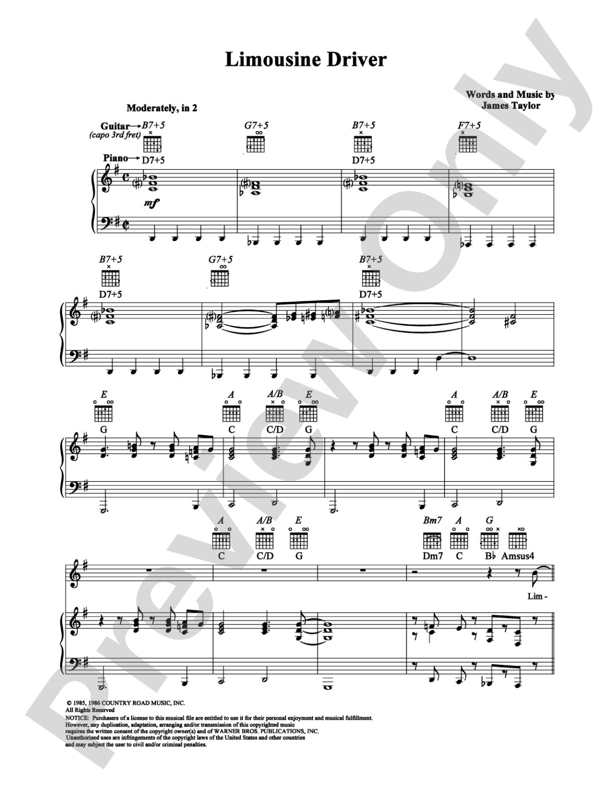 Limousine Driver: Piano/Vocal/Chords Digital Sheet Music