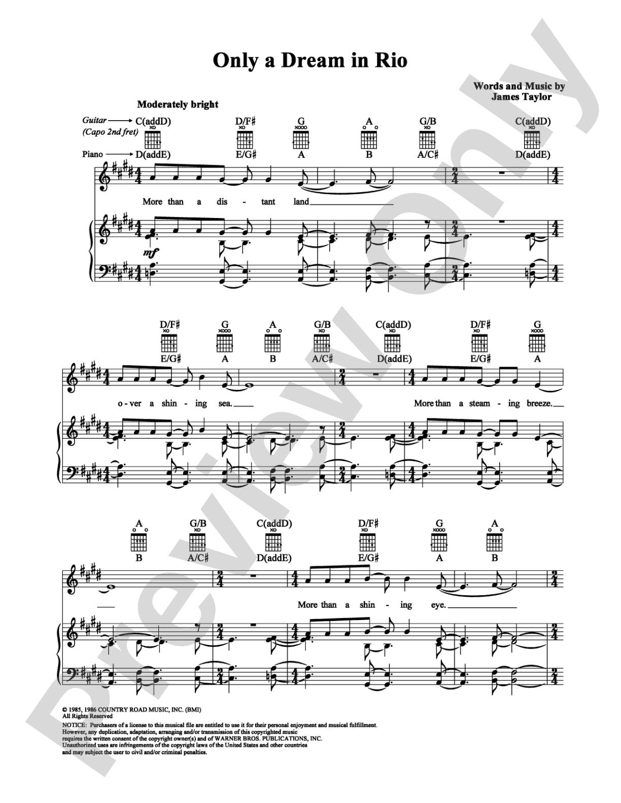 Only a Dream in Rio: Piano/Vocal/Chords Digital Sheet Music
