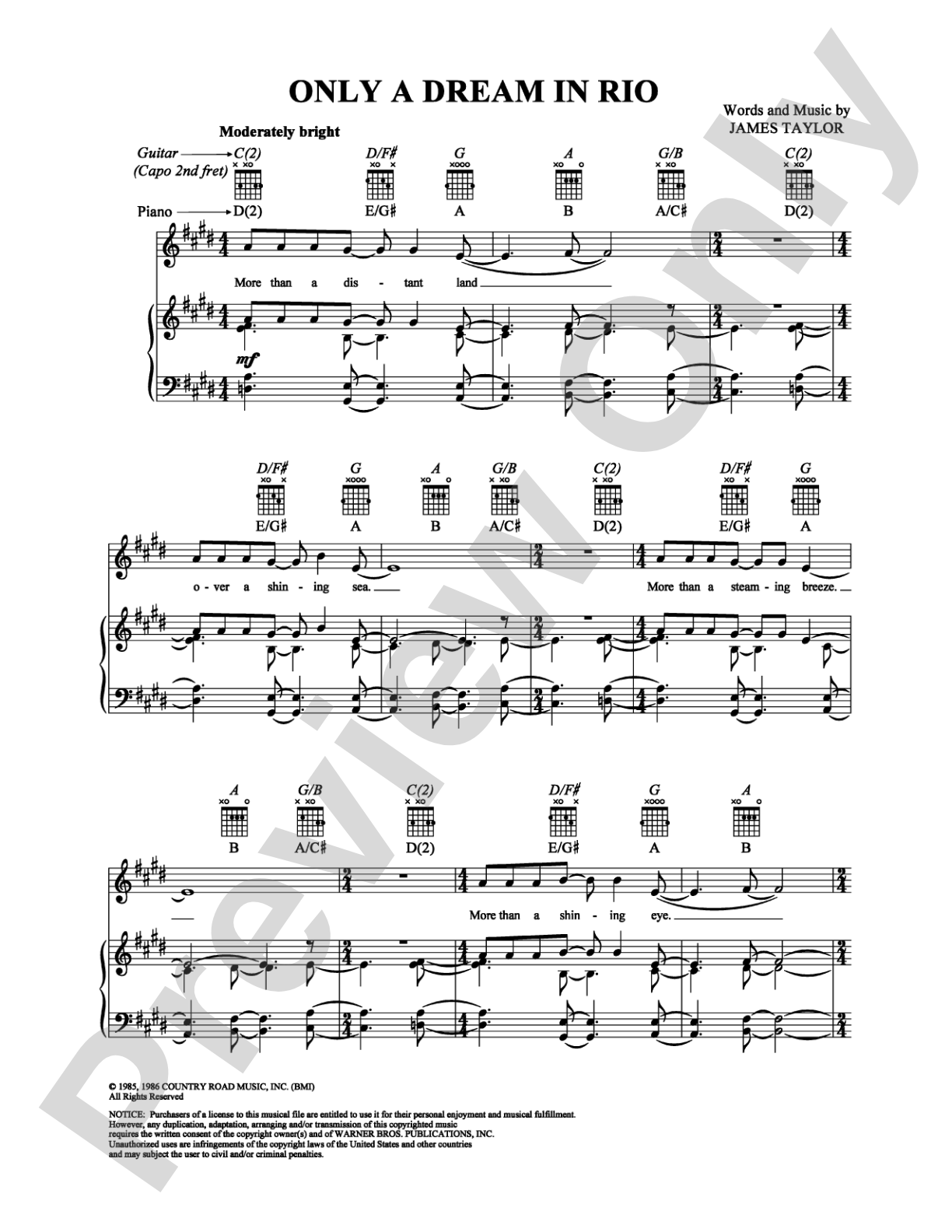 Only a Dream in Rio: Piano/Vocal/Chords Digital Sheet Music