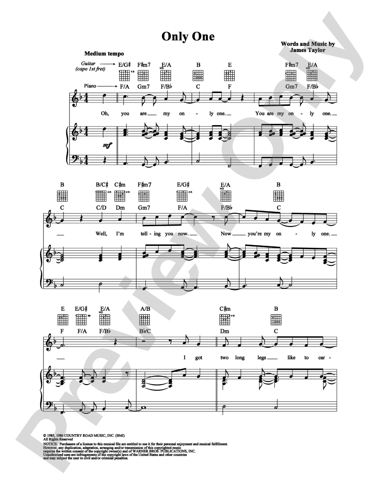 Only One: Piano/Vocal/Chords Digital Sheet Music