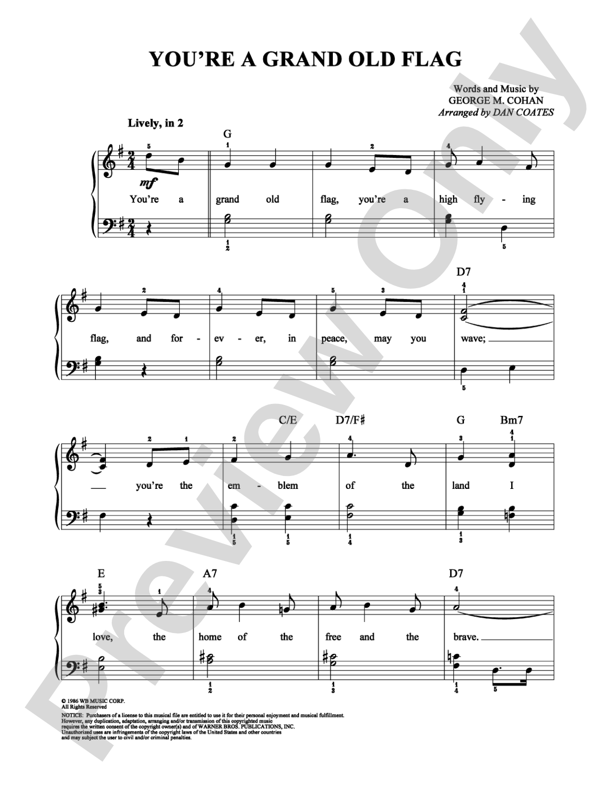 You're a Grand Old Flag: Easy Piano Digital Sheet Music