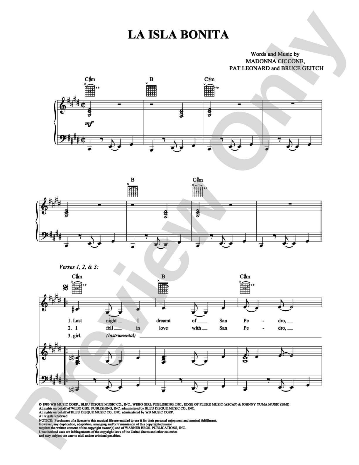 La Isla Bonita: Piano/Vocal/Chords Digital Sheet Music