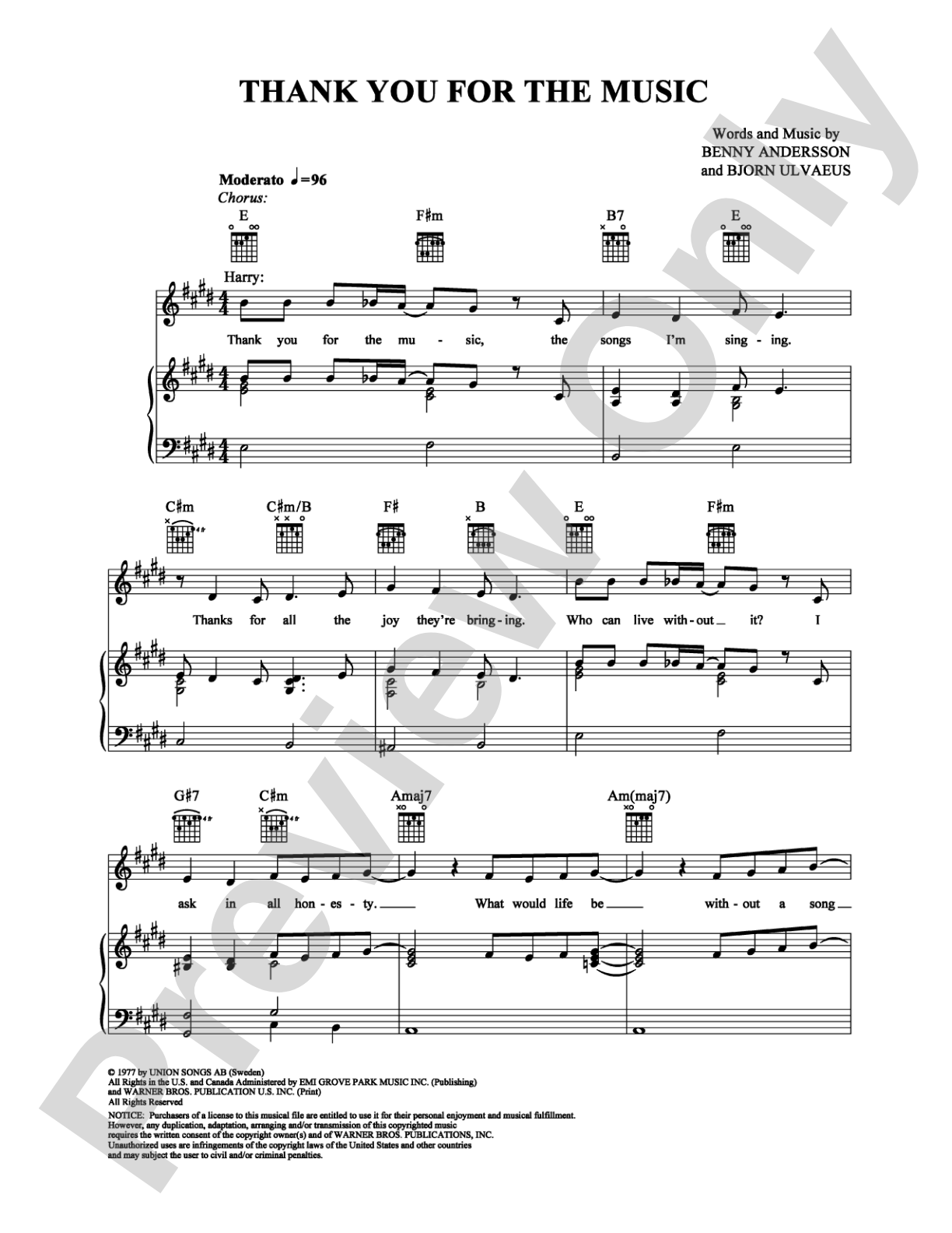 Thank You for the Music: Piano/Vocal/Chords Digital Sheet Music