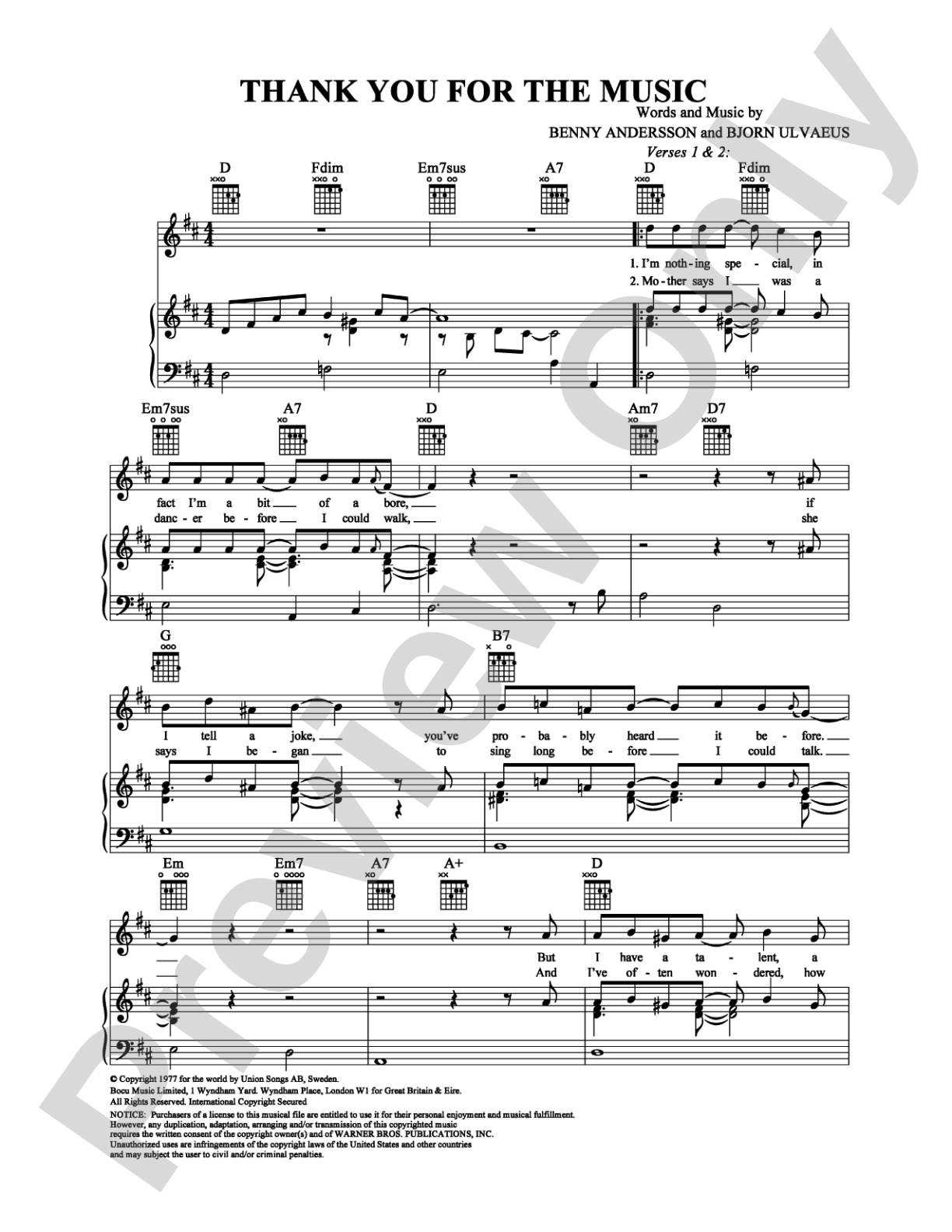Thank You for the Music: Piano/Vocal/Chords Digital Sheet Music