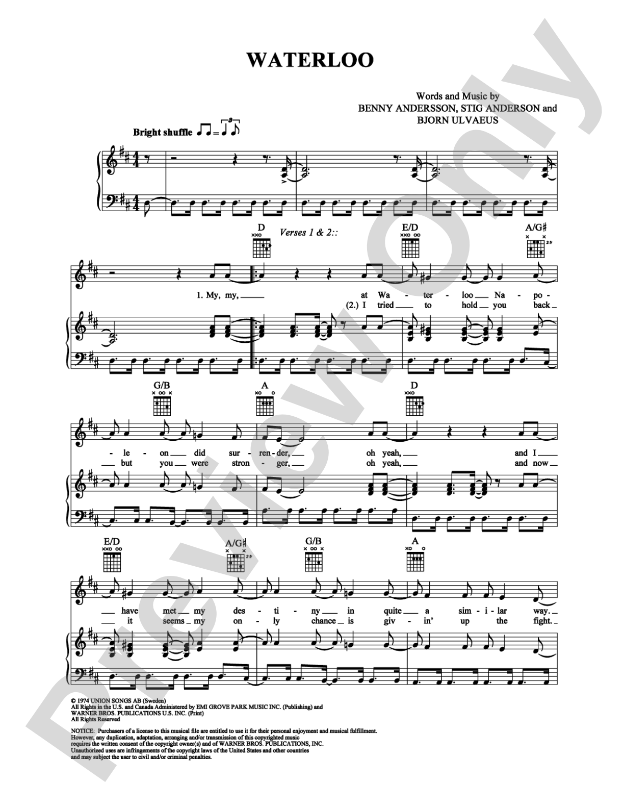 Waterloo: Piano/Vocal/Chords Digital Sheet Music