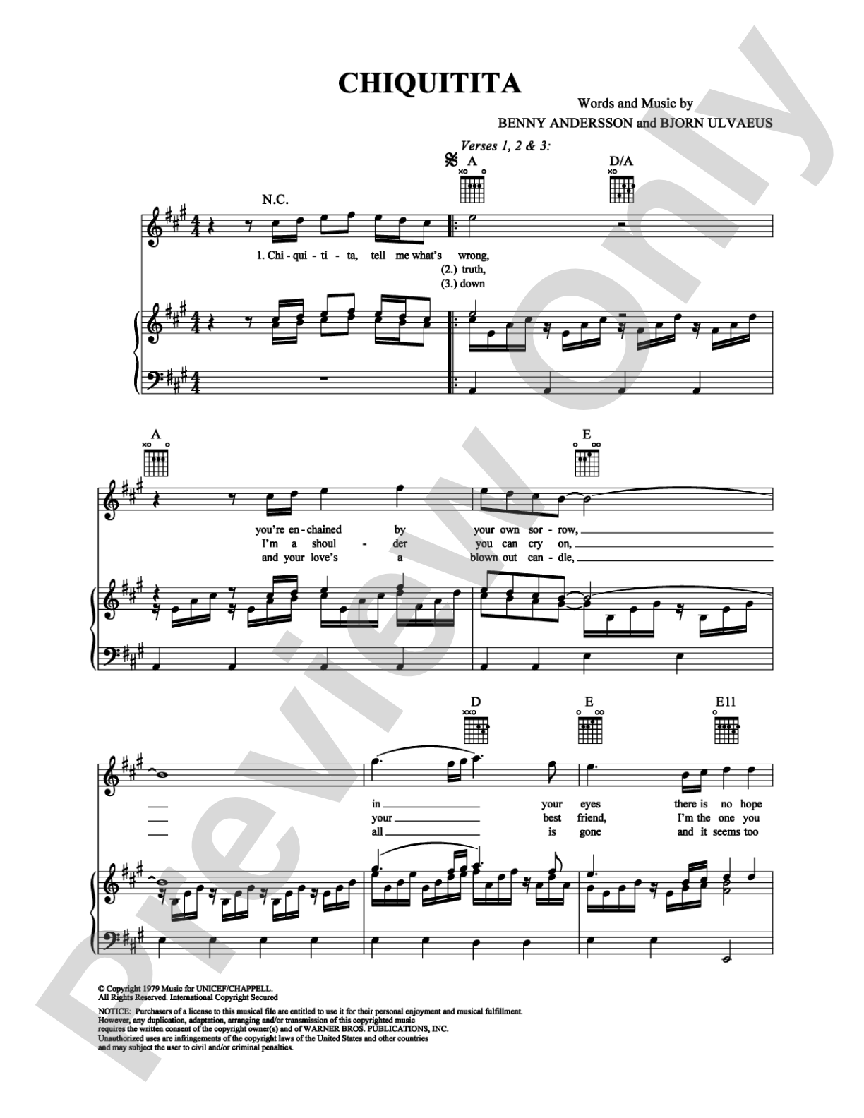 Chiquitita: Piano/Vocal/Chords Digital Sheet Music