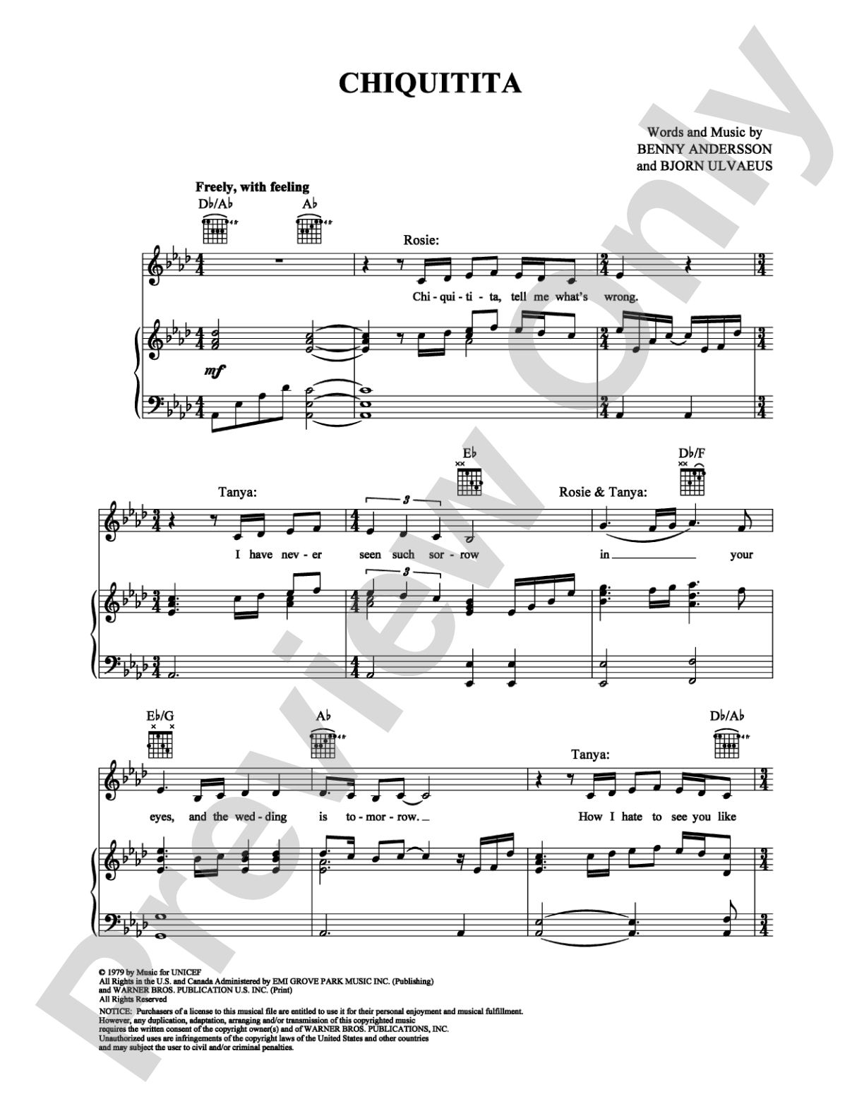 Chiquitita: Piano/Vocal/Chords Digital Sheet Music